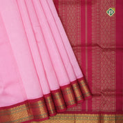 Pale pink plain contrast red grand pallu concept rani pink gold zari thread lines silk cotton saree