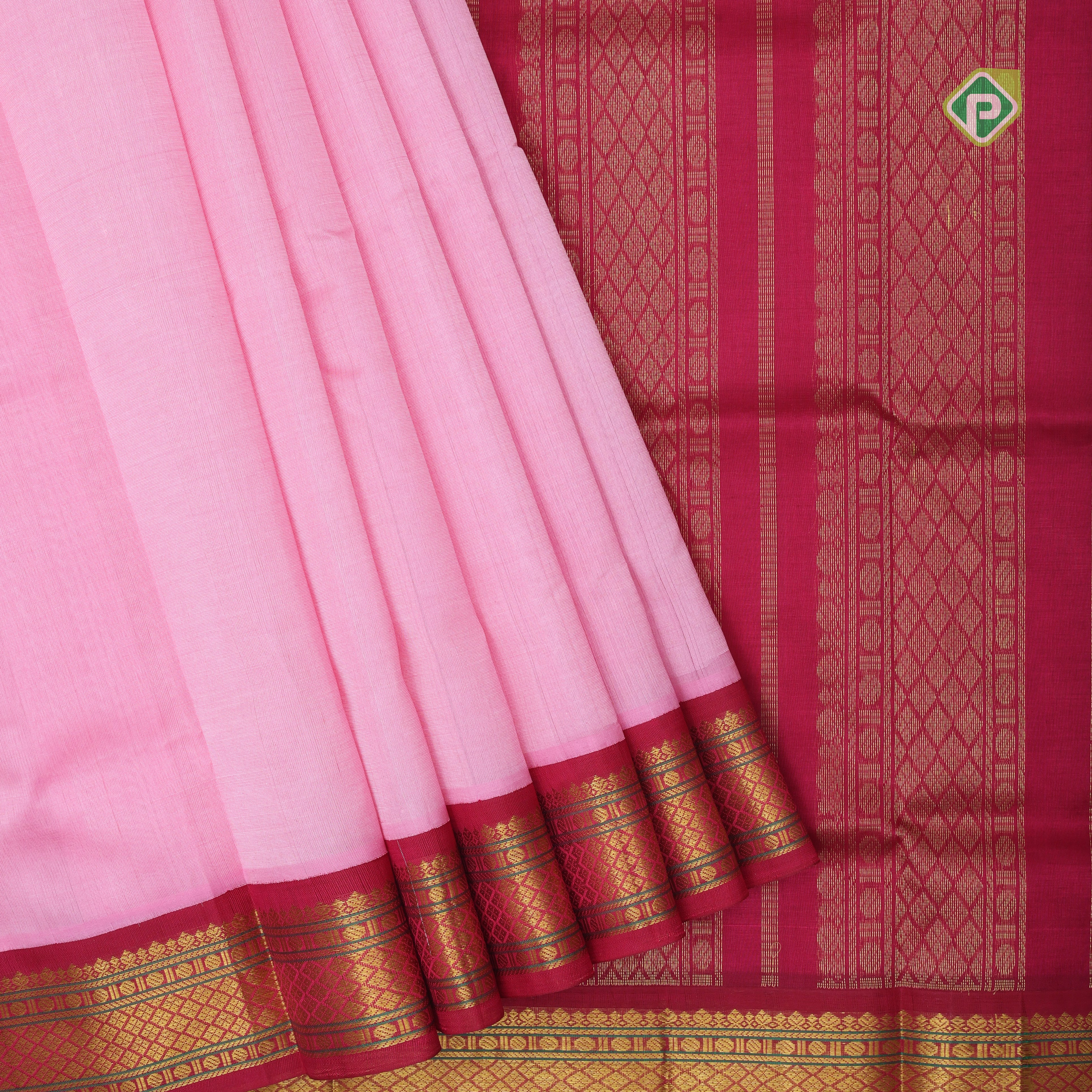 Pale pink plain contrast red grand pallu concept rani pink gold zari thread lines silk cotton saree