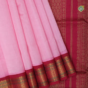 Pale pink plain contrast red grand pallu concept rani pink gold zari thread lines silk cotton saree