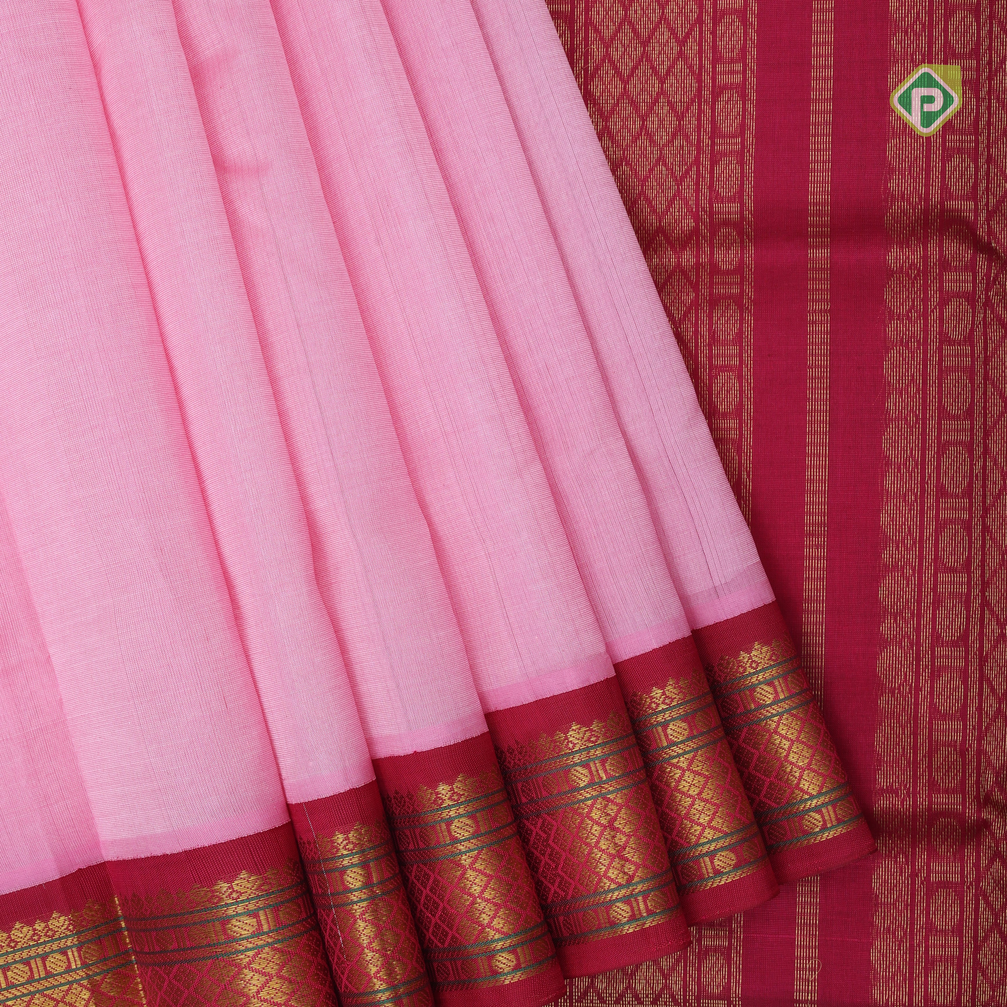 Pale pink plain contrast red grand pallu concept rani pink gold zari thread lines silk cotton saree
