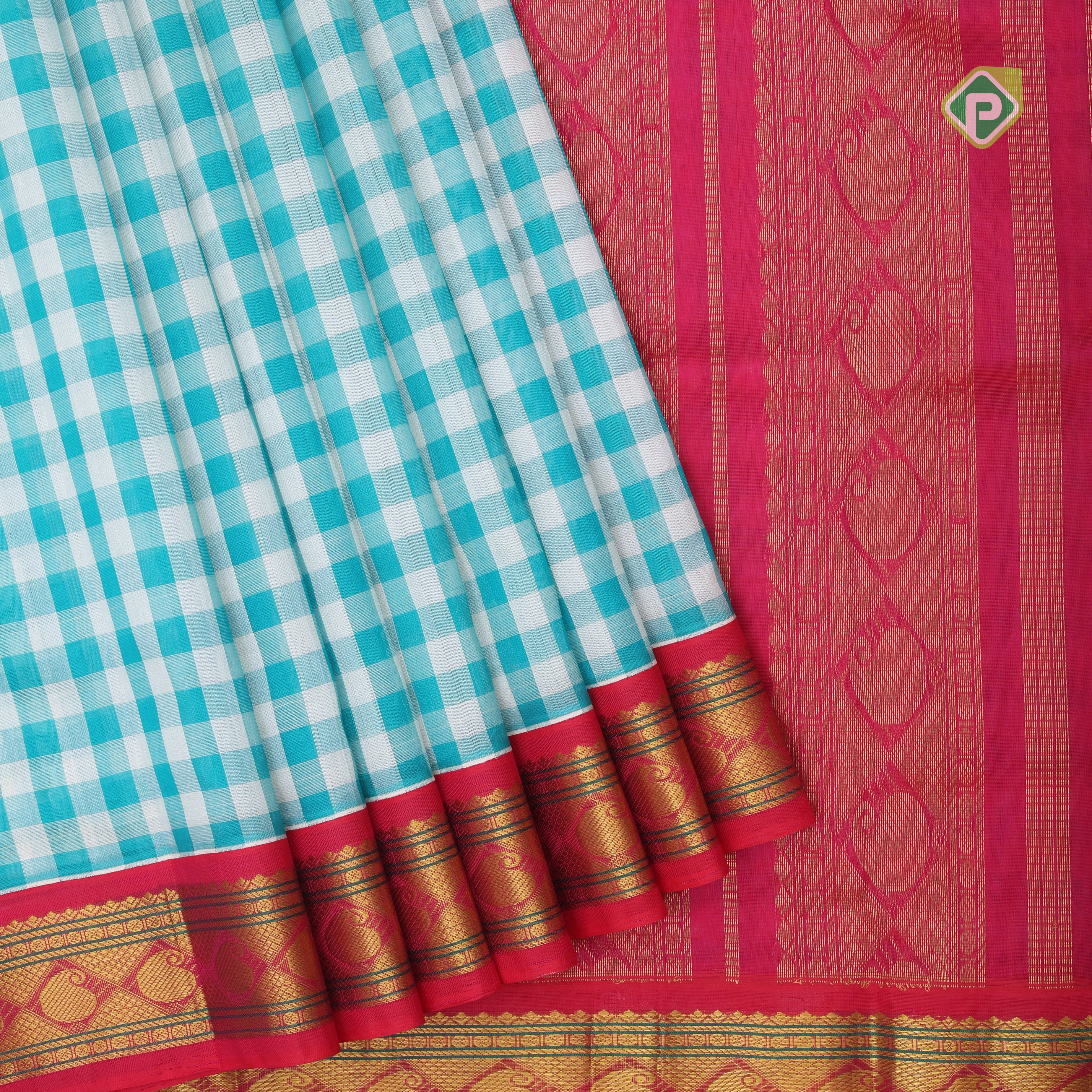 Rama green with cream white checks design grand pallu design rani pink gold zari border silk cotton saree