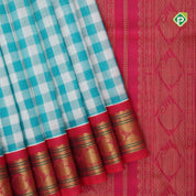 Rama green with cream white checks design grand pallu design rani pink gold zari border silk cotton saree