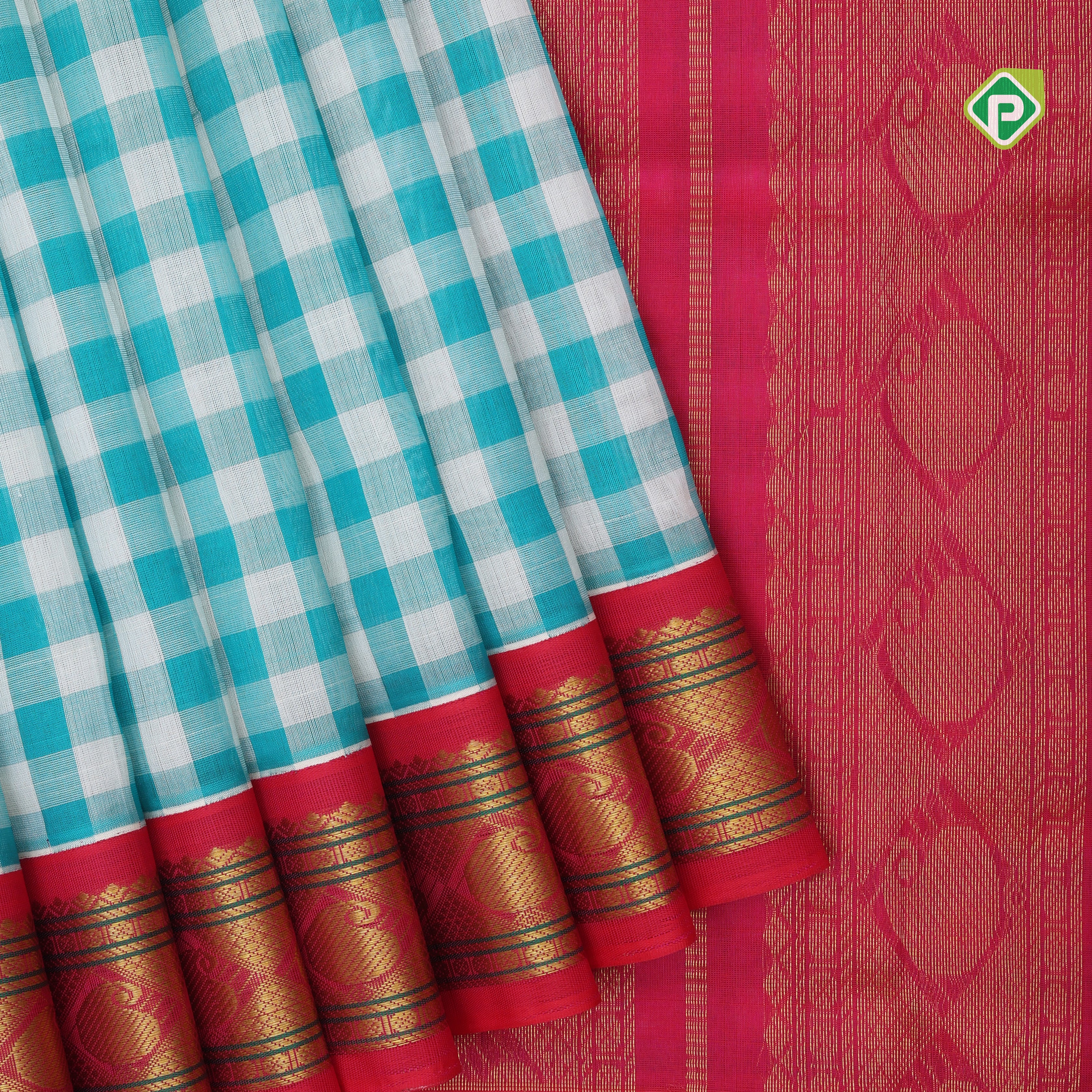 Rama green with cream white checks design grand pallu design rani pink gold zari border silk cotton saree