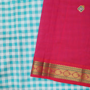 Rama green with cream white checks design grand pallu design rani pink gold zari border silk cotton saree