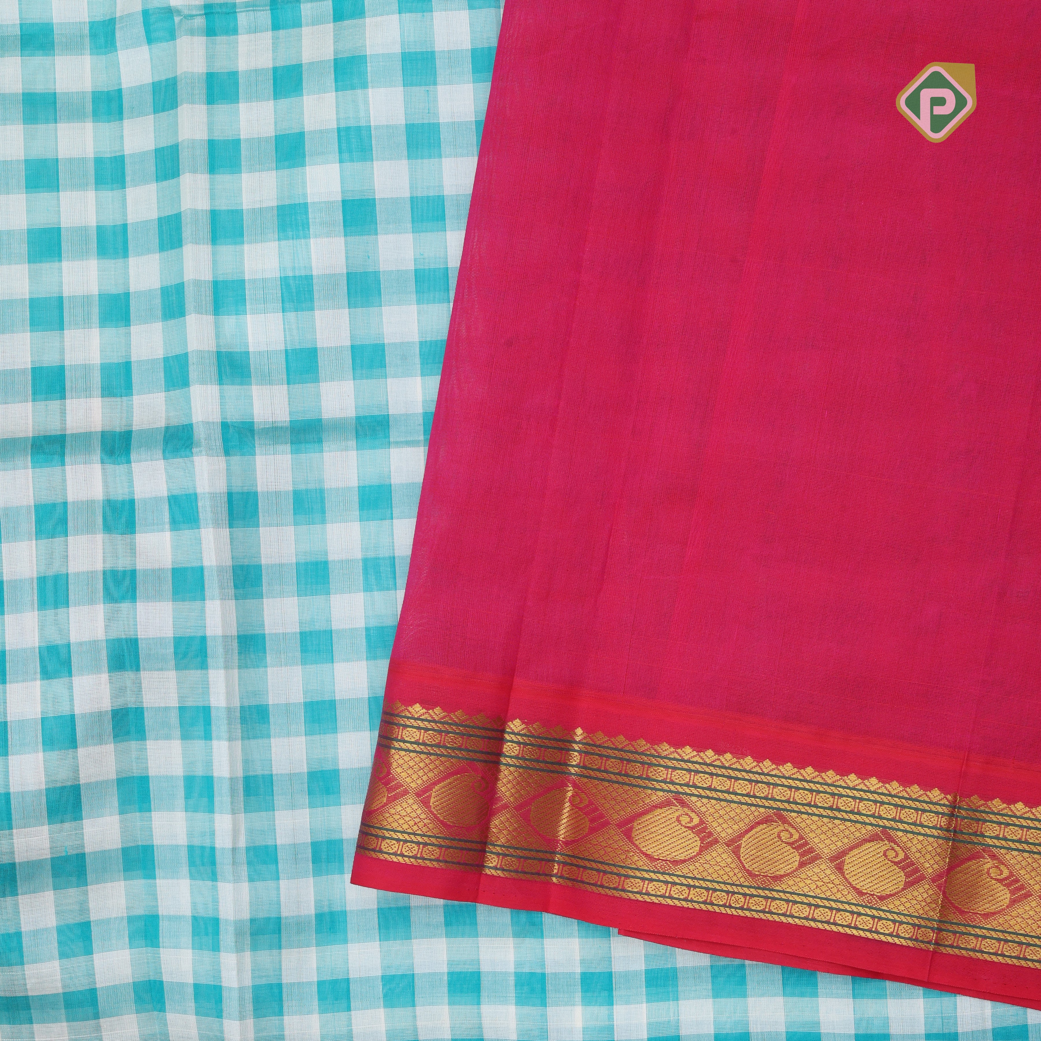 Rama green with cream white checks design grand pallu design rani pink gold zari border silk cotton saree