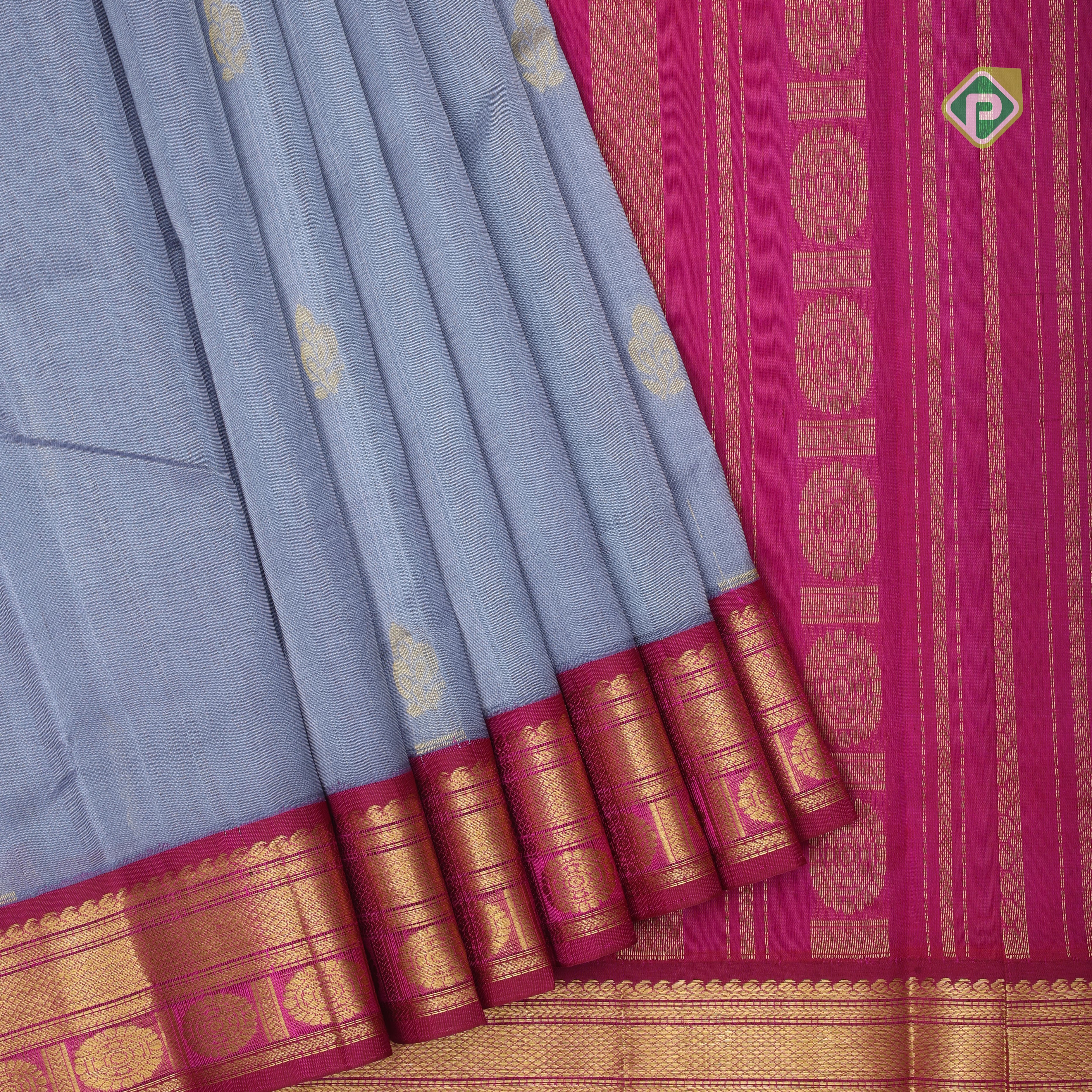 Grey gold zari fancy flower butta rich pallu design Rani pink gold zari border silk cotton saree