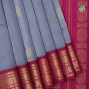 Grey gold zari fancy flower butta rich pallu design Rani pink gold zari border silk cotton saree