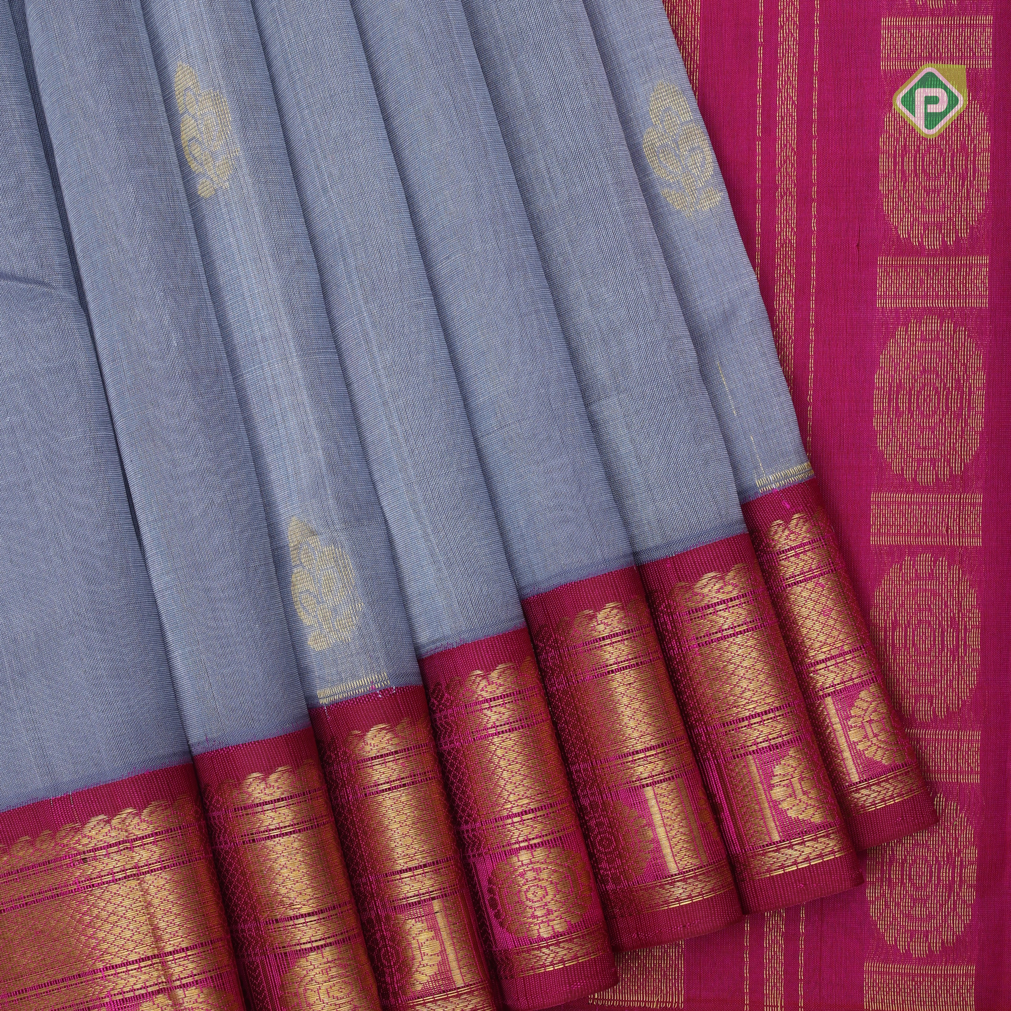 Grey gold zari fancy flower butta rich pallu design Rani pink gold zari border silk cotton saree