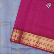 Grey gold zari fancy flower butta rich pallu design Rani pink gold zari border silk cotton saree