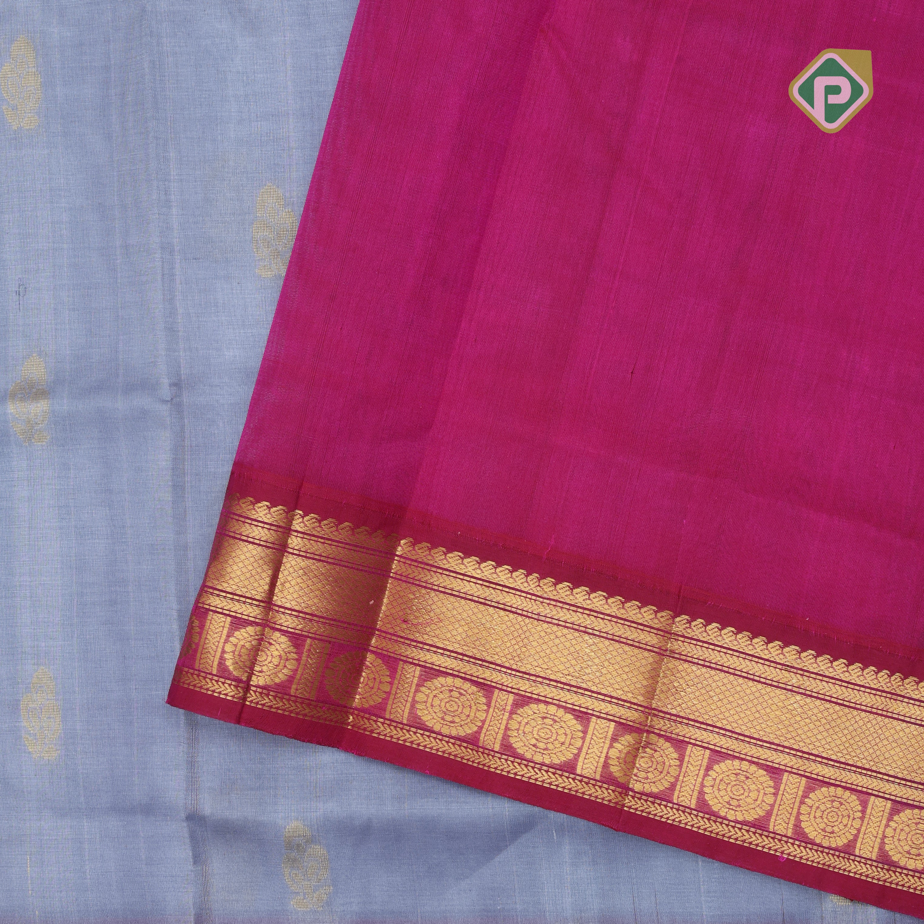 Grey gold zari fancy flower butta rich pallu design Rani pink gold zari border silk cotton saree