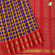 Blue and Yellow checks design grand pallu design rani red gold zari rettapet border silk cotton saree