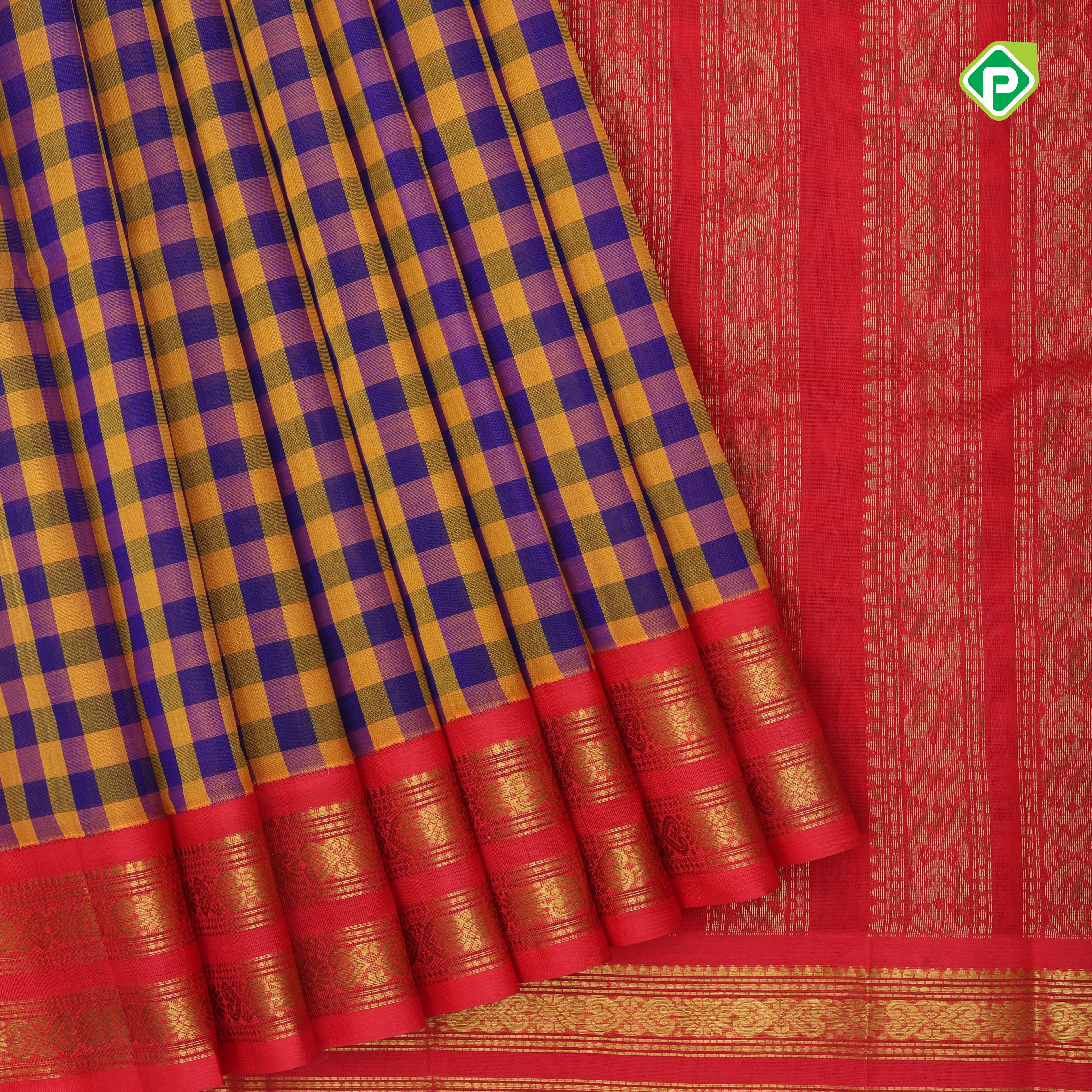 Blue and Yellow checks design grand pallu design rani red gold zari rettapet border silk cotton saree