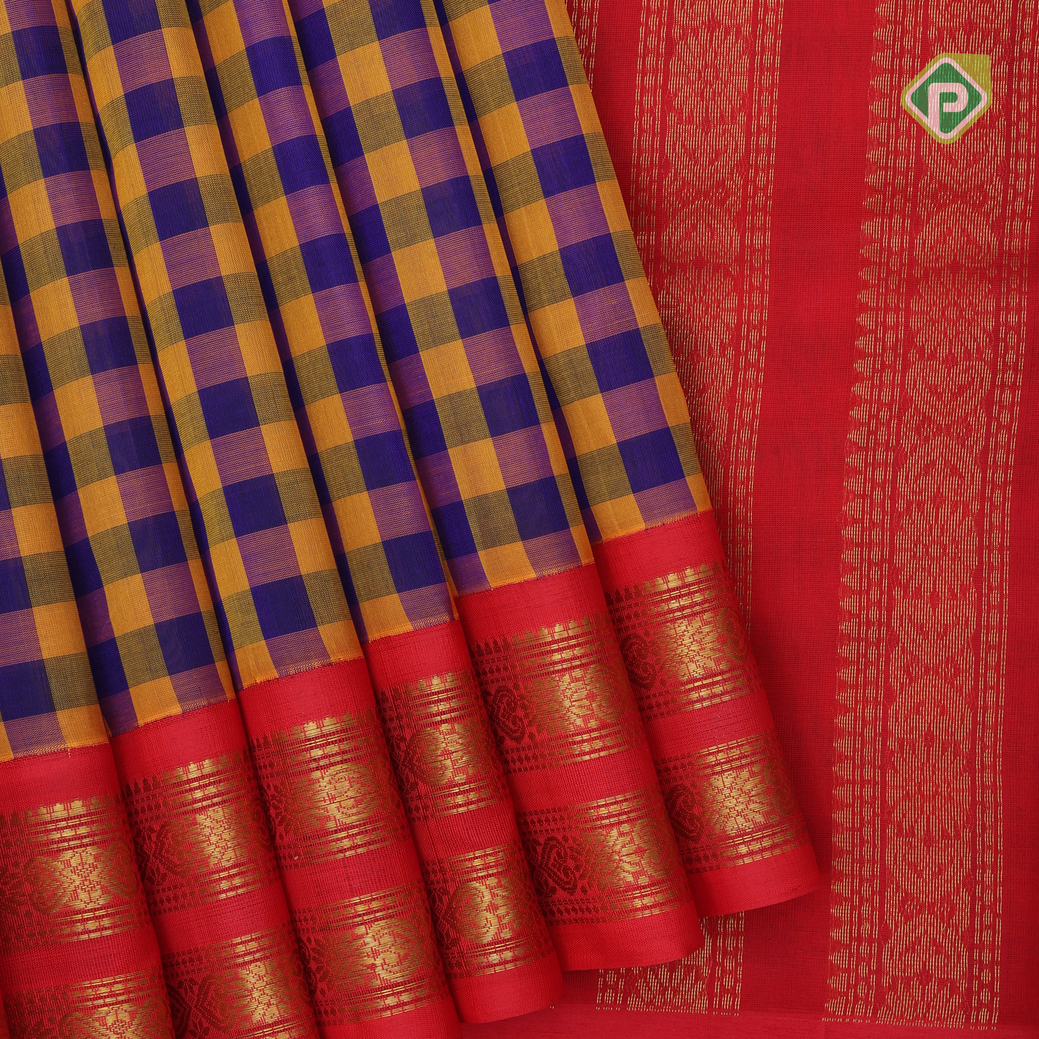 Blue and Yellow checks design grand pallu design rani red gold zari rettapet border silk cotton saree