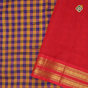Blue and Yellow checks design grand pallu design rani red gold zari rettapet border silk cotton saree