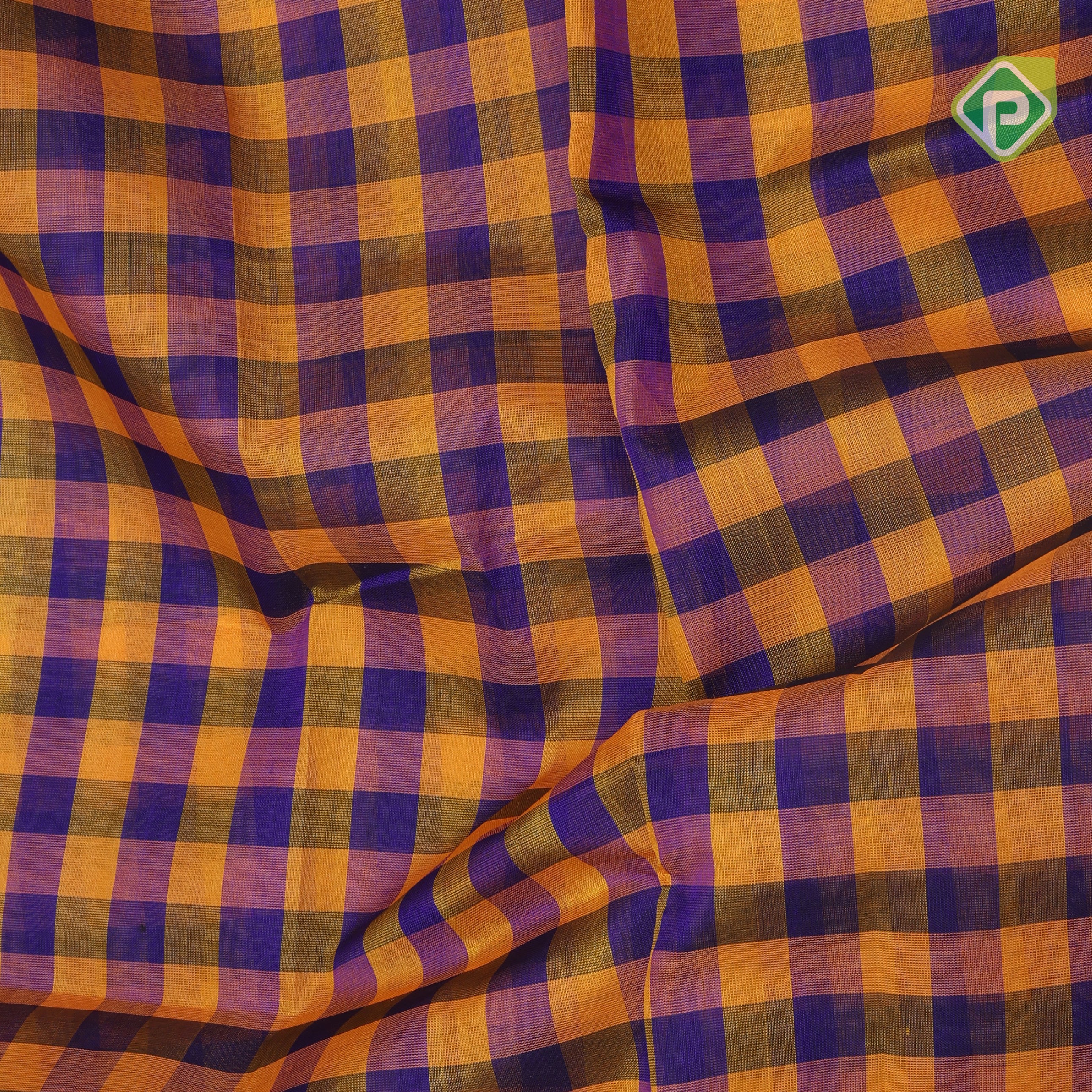 Blue and Yellow checks design grand pallu design rani red gold zari rettapet border silk cotton saree