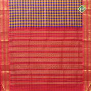 Blue and Yellow checks design grand pallu design rani red gold zari rettapet border silk cotton saree
