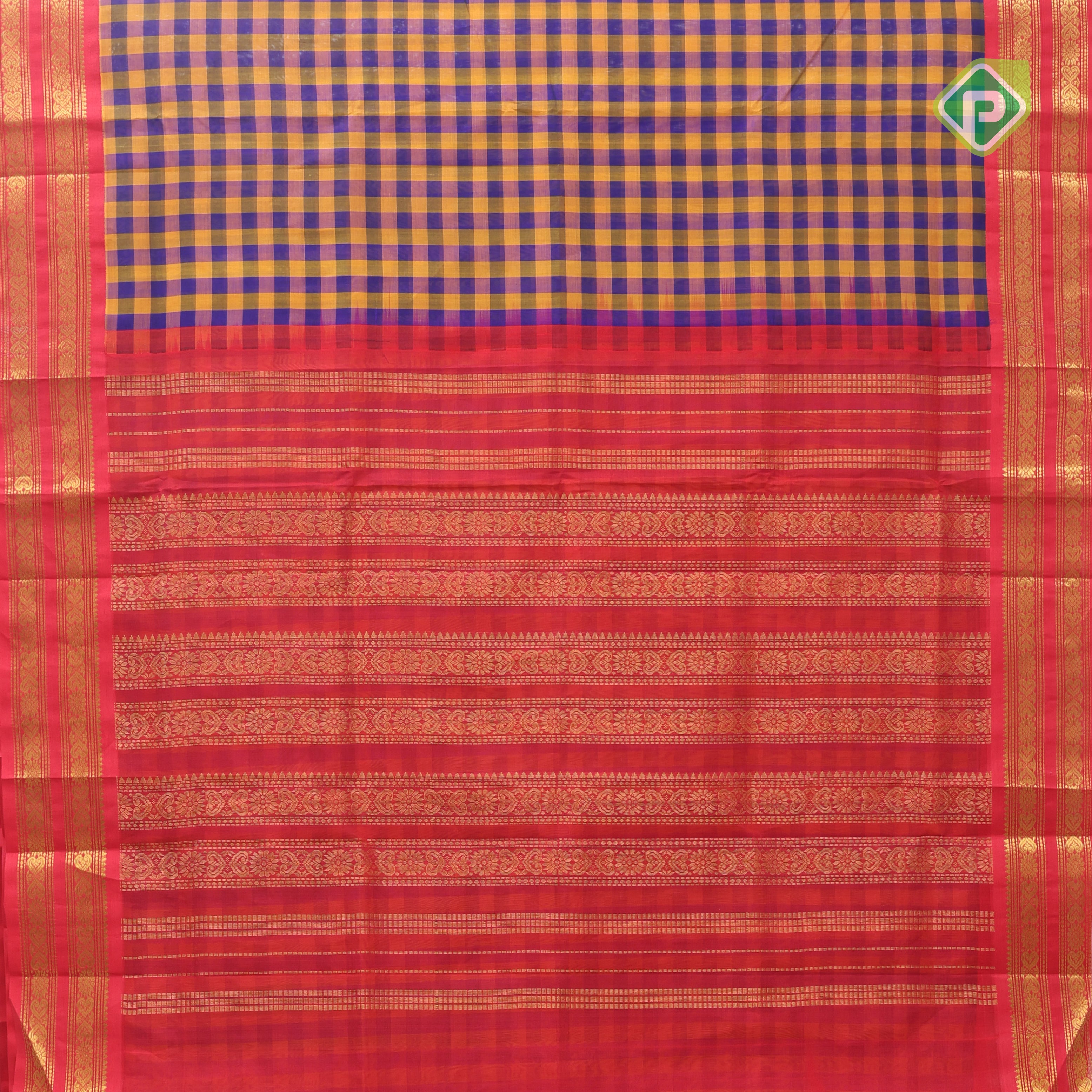 Blue and Yellow checks design grand pallu design rani red gold zari rettapet border silk cotton saree
