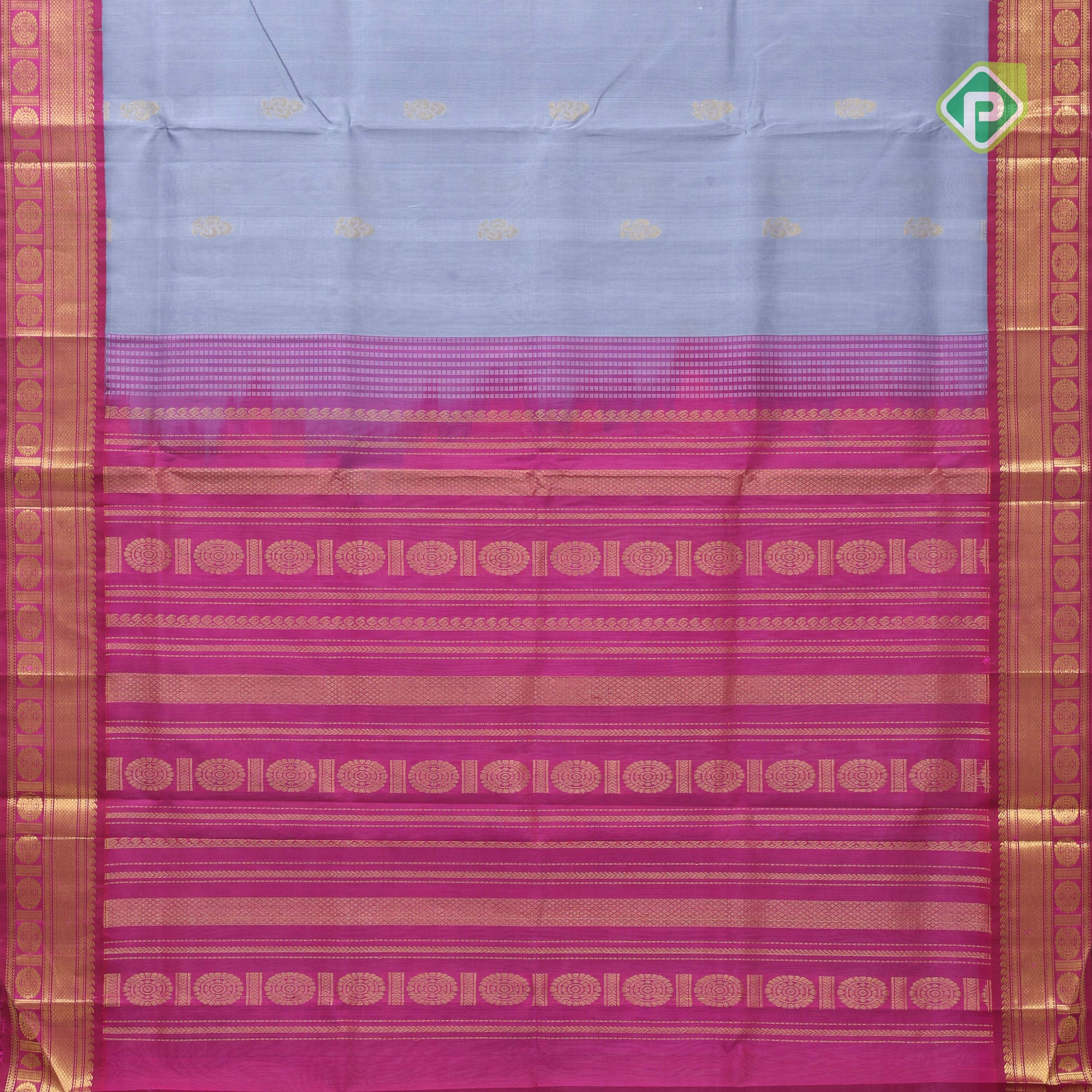 Grey gold zari fancy flower butta rich pallu design Rani pink gold zari border silk cotton saree