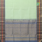 Mint green micro checks grand pallu design Bluish grey gold zari border silk cotton saree