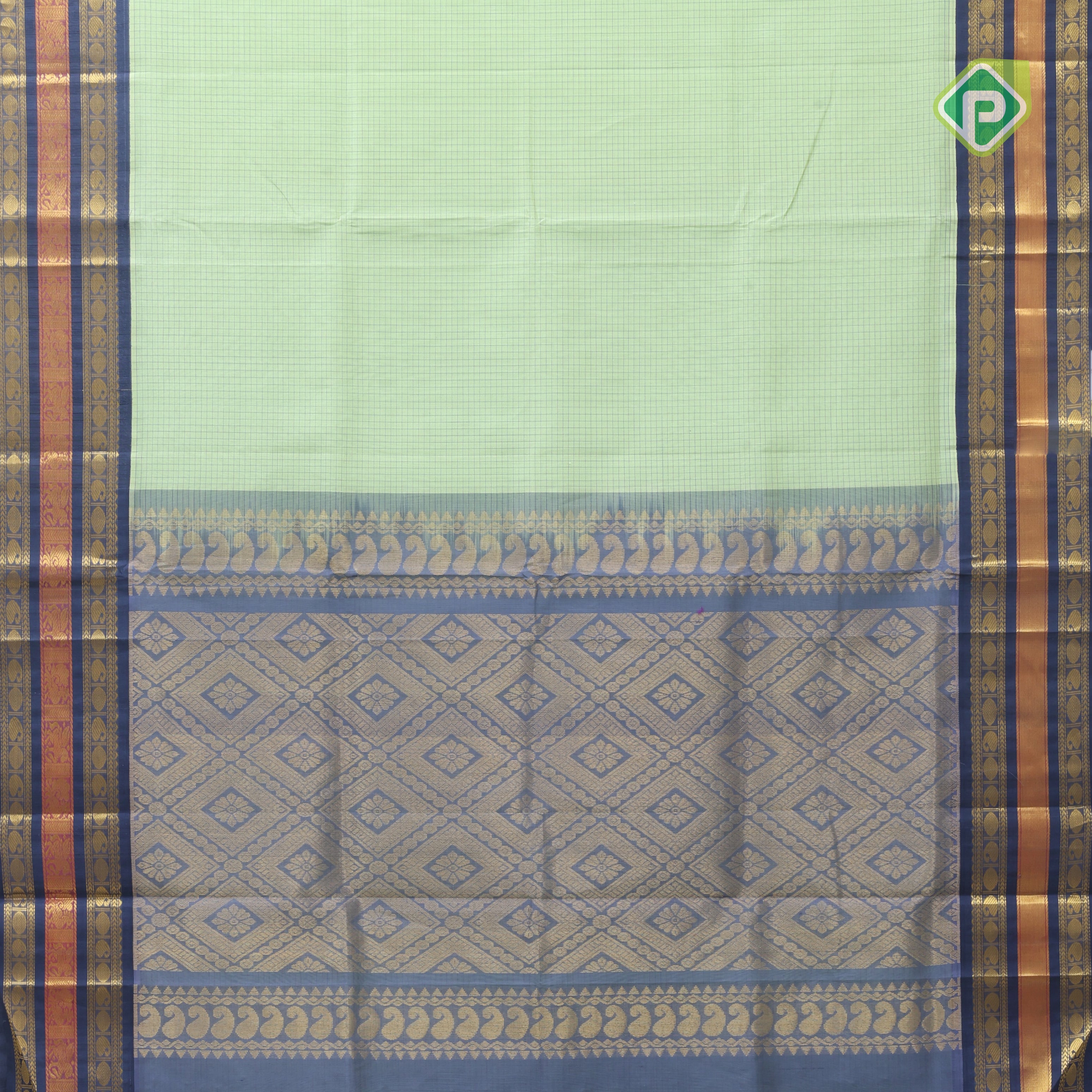 Mint green micro checks grand pallu design Bluish grey gold zari border silk cotton saree