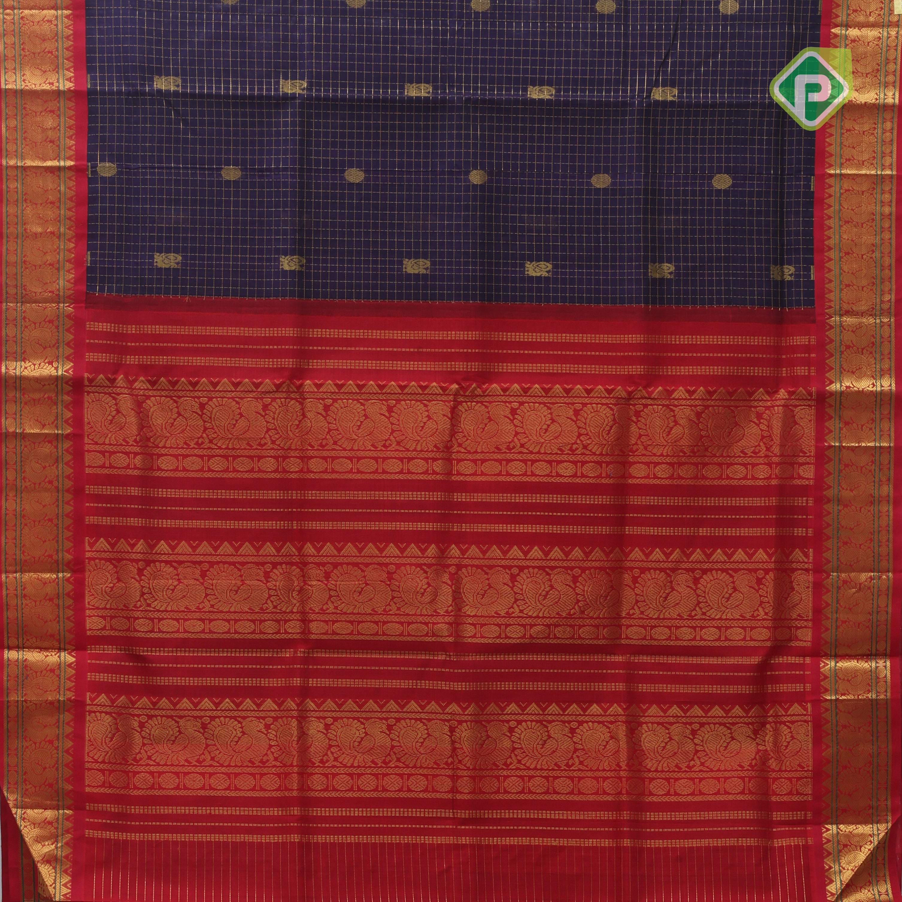 Violet gold zari mayil rudraksham butta checked grand pallu design contrast red border silk cotton saree