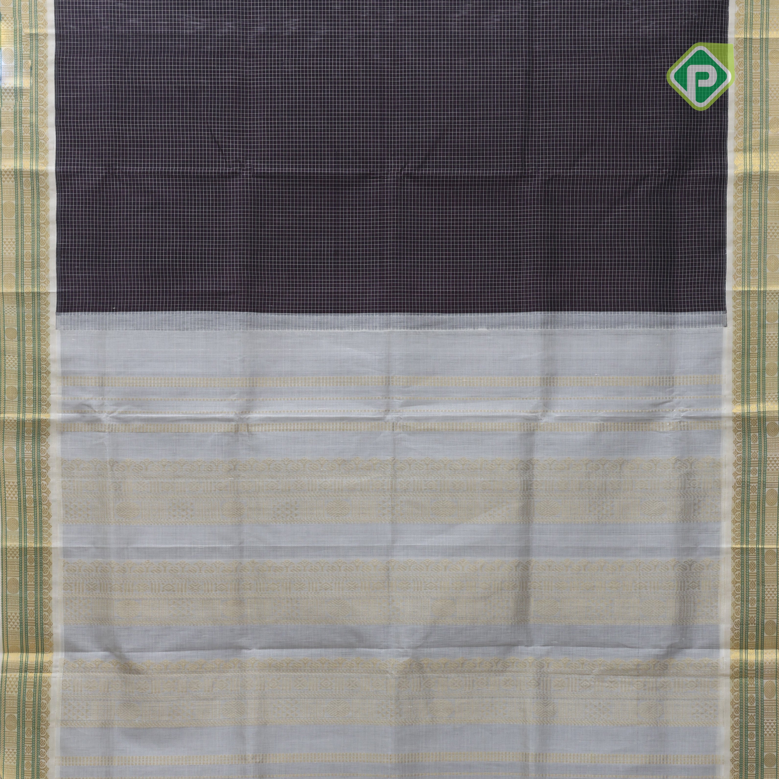 Dark violet White micro checks grand pallu design cream white gold zari border silk cotton saree