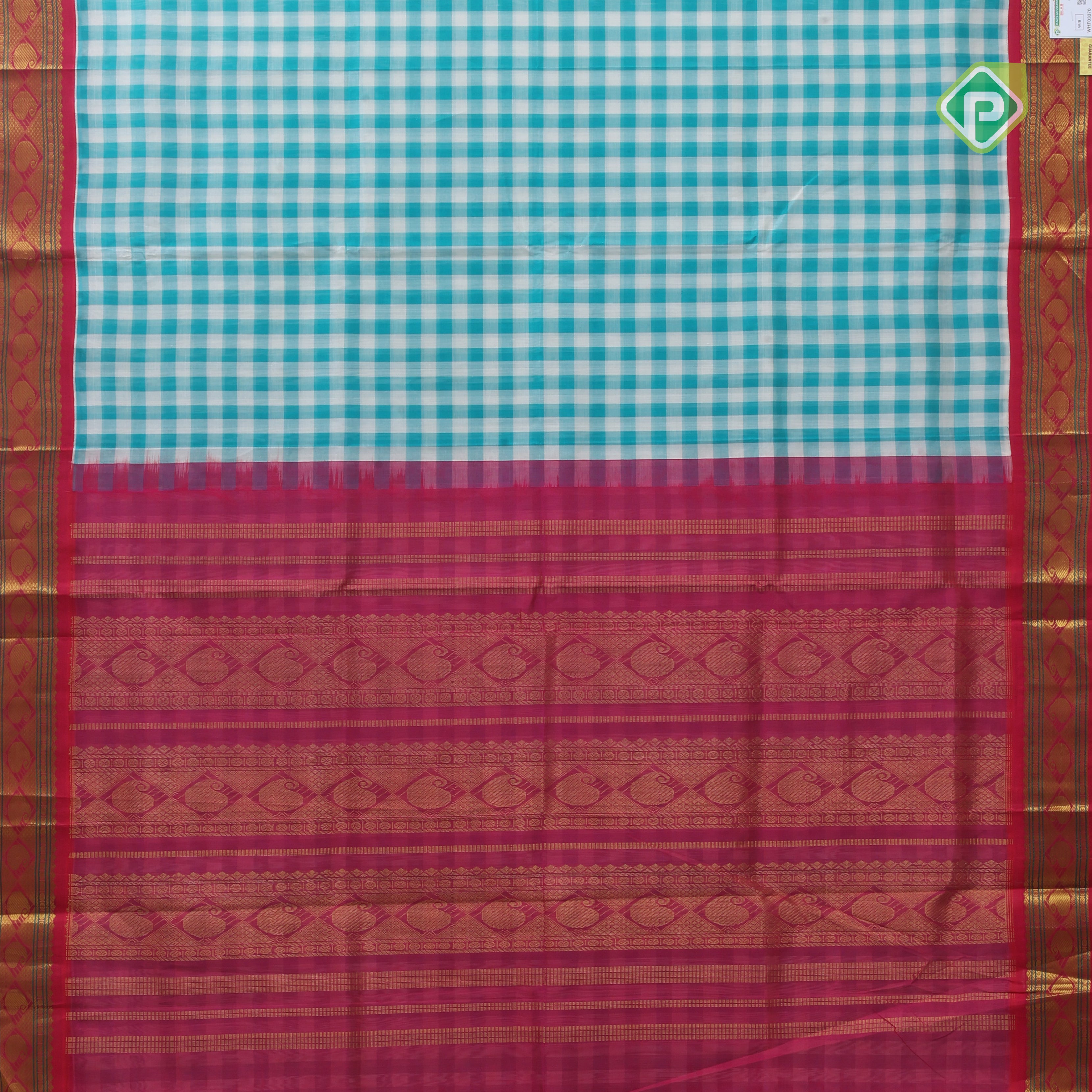Rama green with cream white checks design grand pallu design rani pink gold zari border silk cotton saree