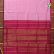 Pale pink plain contrast red grand pallu concept rani pink gold zari thread lines silk cotton saree