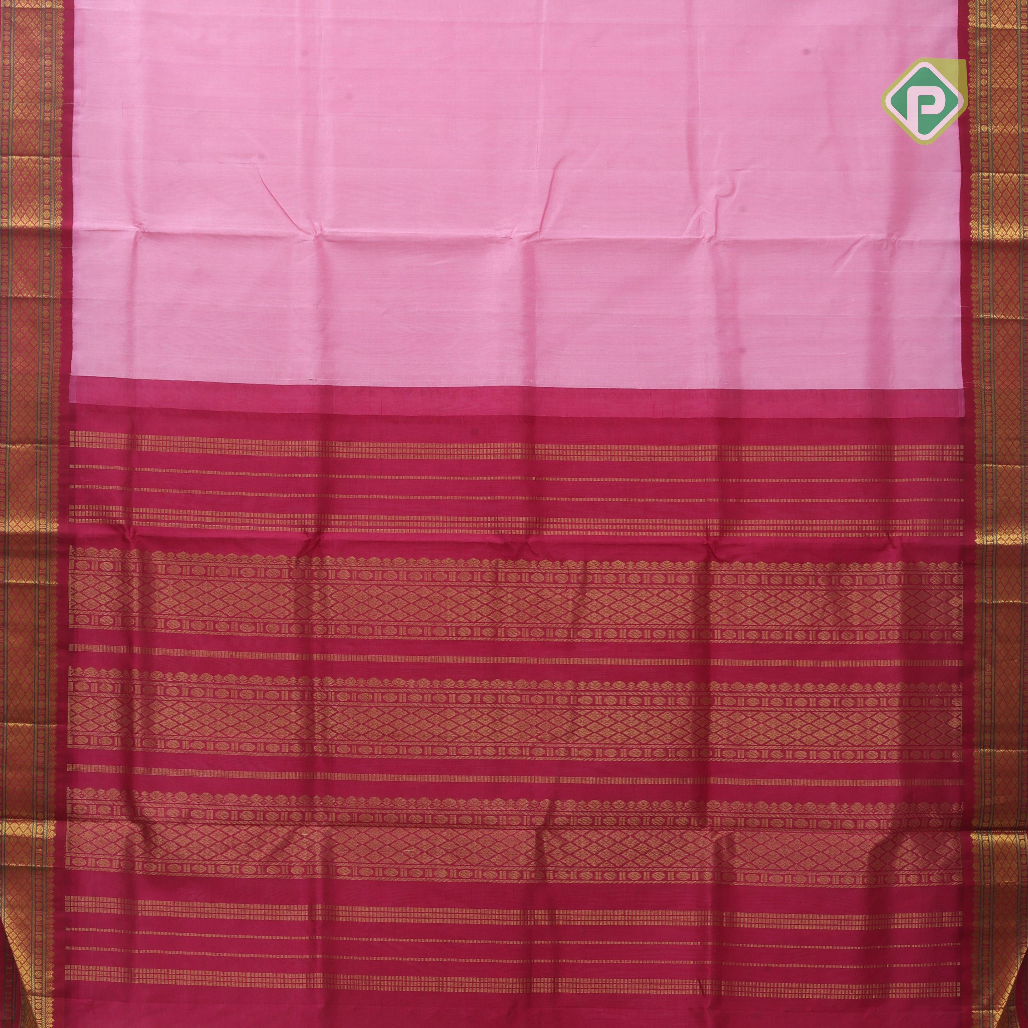 Pale pink plain contrast red grand pallu concept rani pink gold zari thread lines silk cotton saree