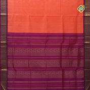 orange plain contrast red grand pallu concept rani pink gold zari thread mango lines silk cotton saree