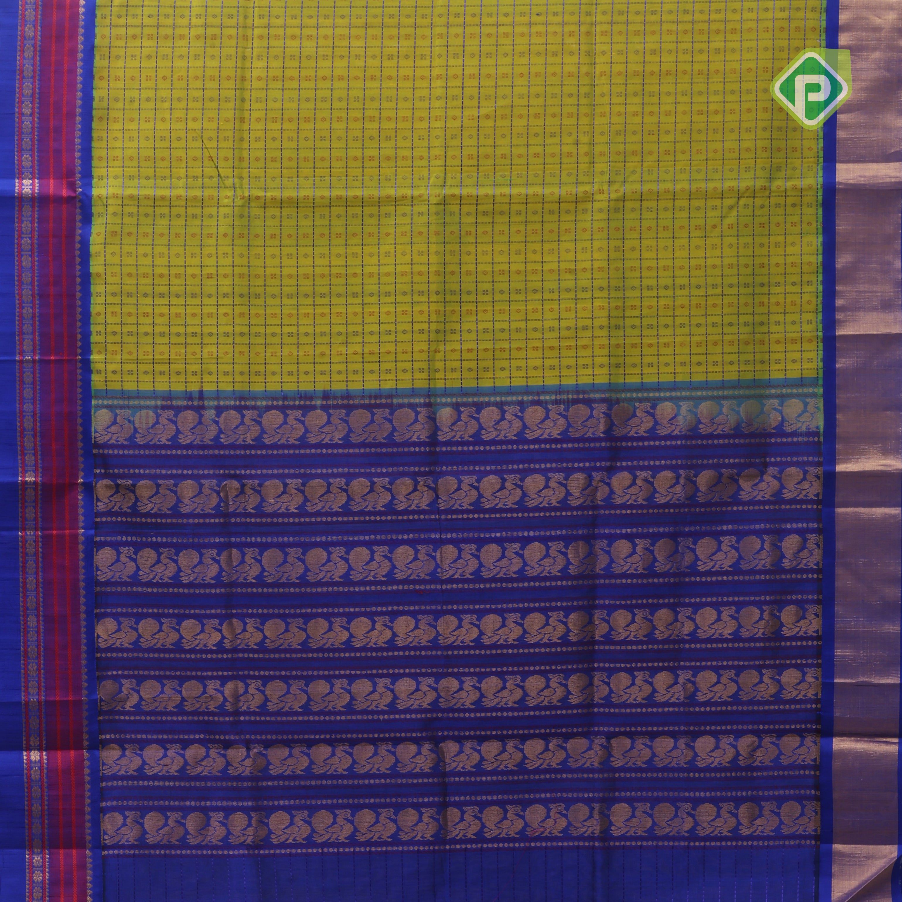 Android green blue thread checks and butta design double color gold zari border silk cotton saree