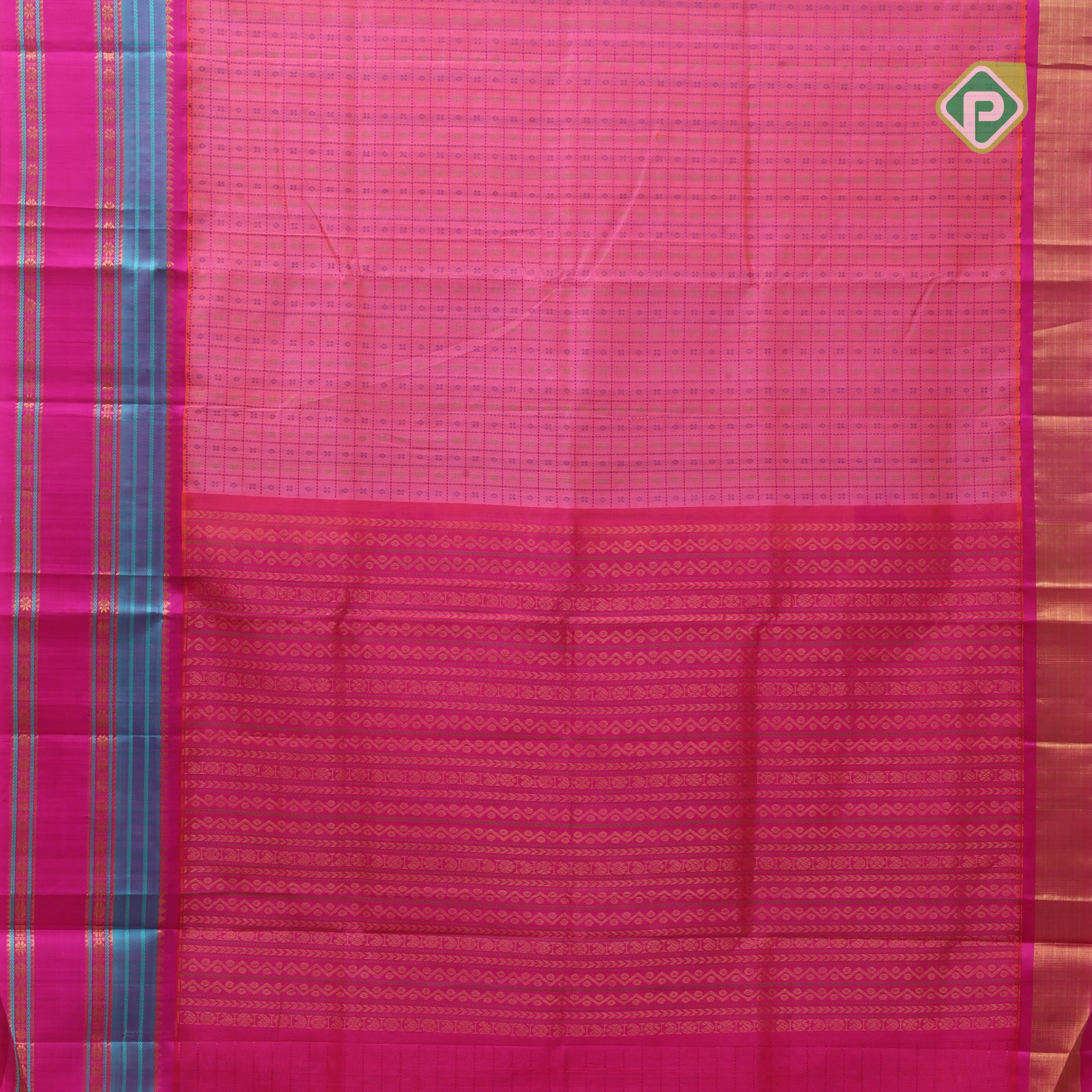 Pink base thread checks and butta design double color gold zari border silk cotton saree