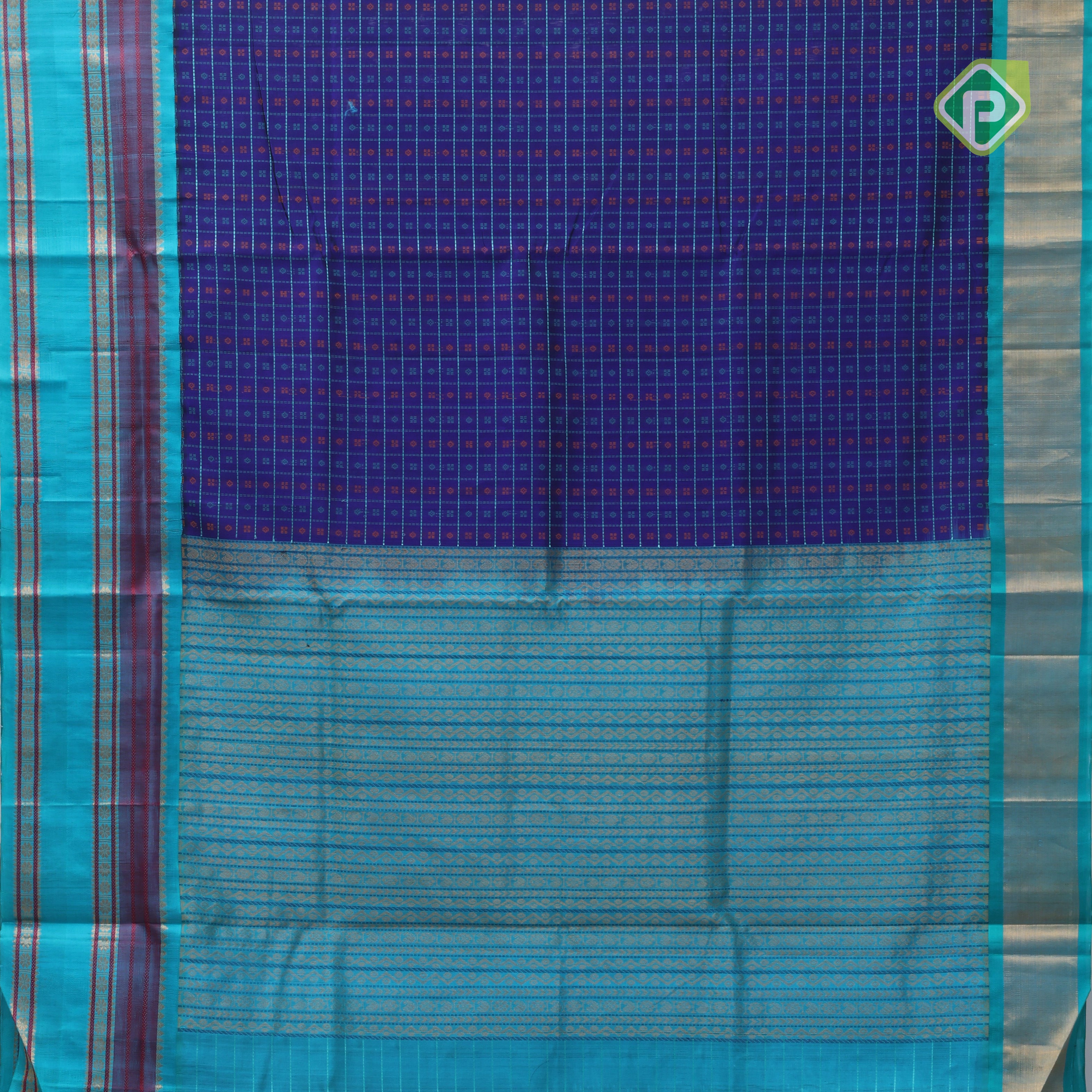Blue base thread checks and butta design double color gold zari border silk cotton saree
