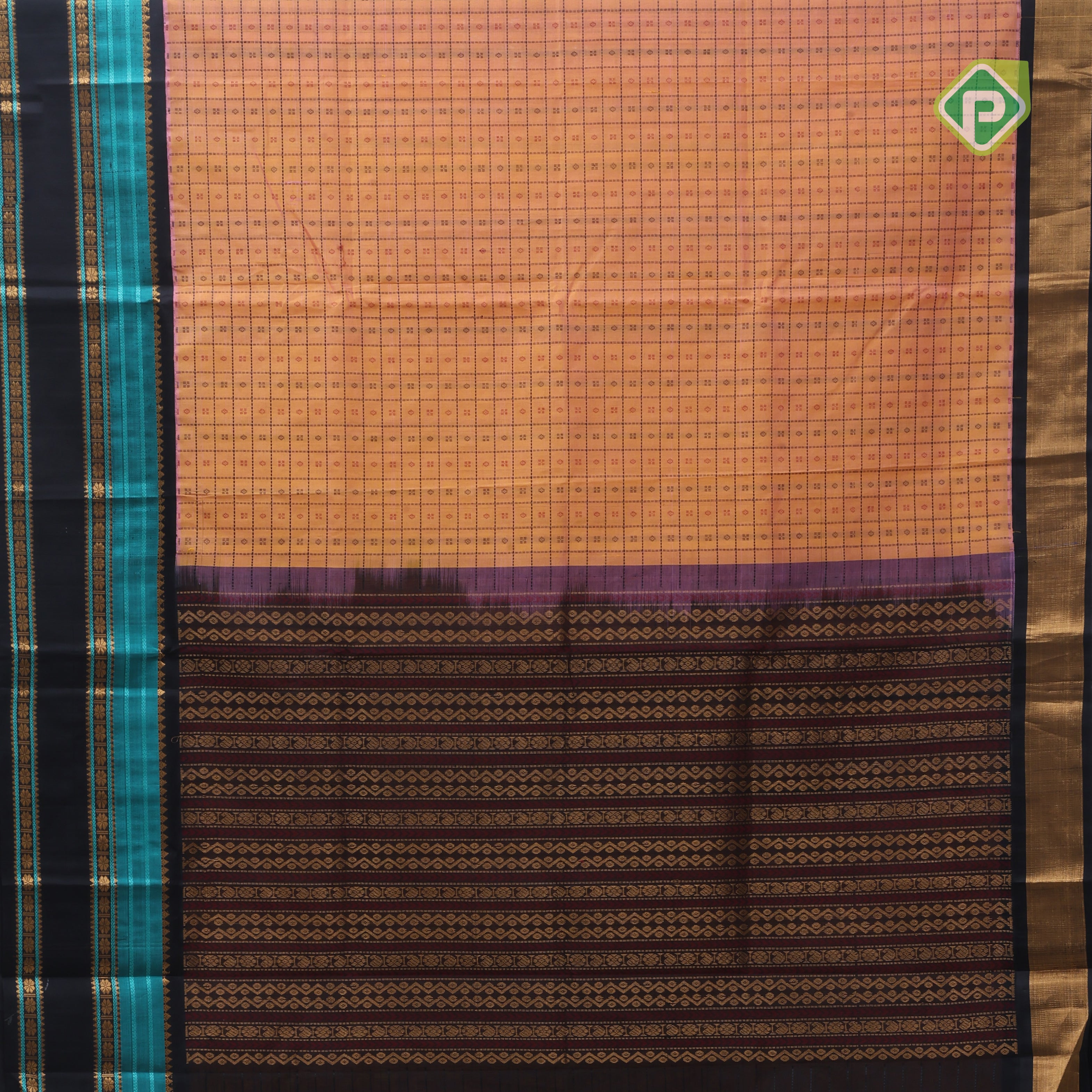 peach orange base thread checks and butta design double color gold zari border silk cotton saree