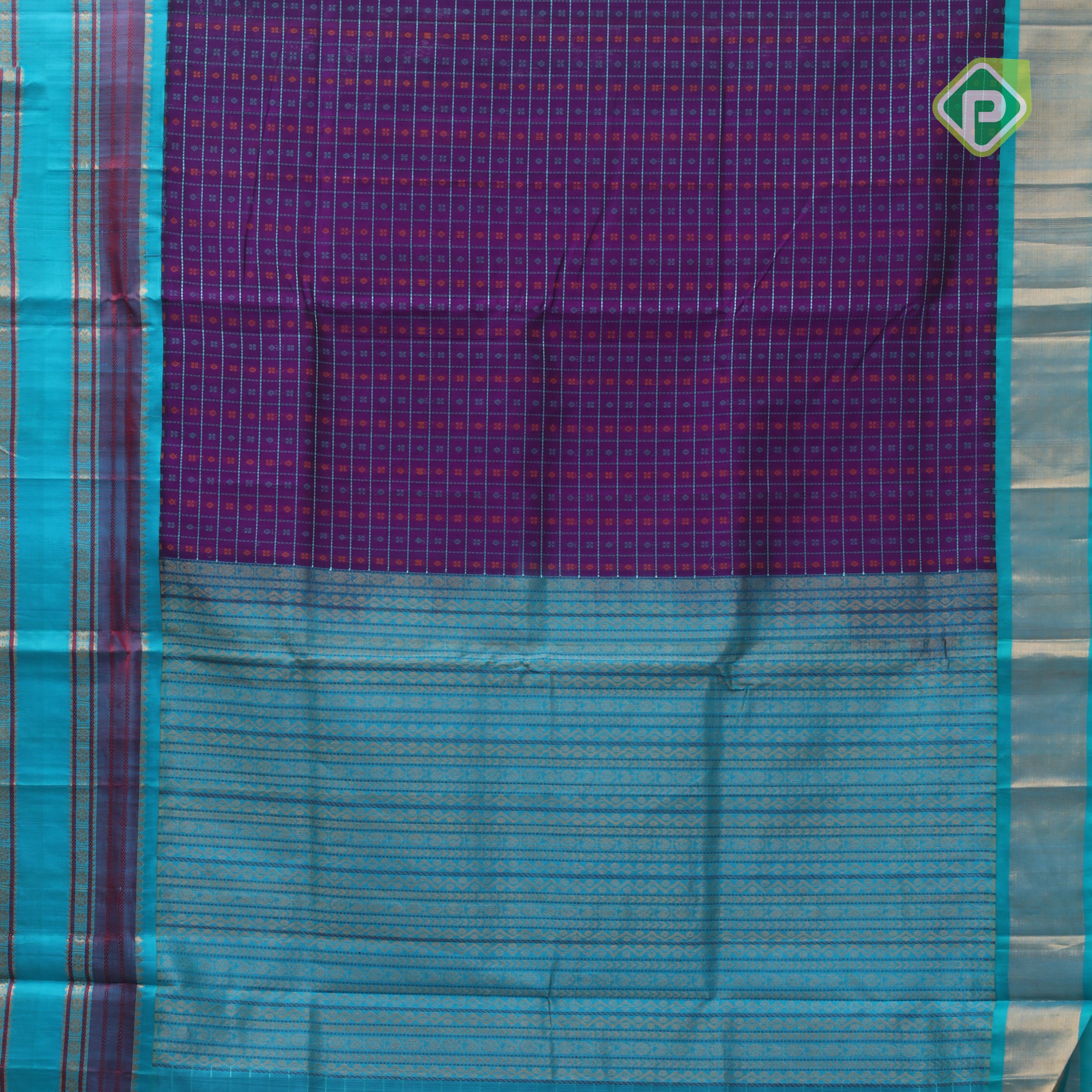 Purple base green thread checks and butta design double color gold zari border silk cotton saree