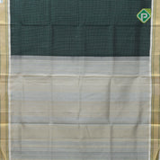 Deep green White micro checks grand pallu design cream white gold zari border silk cotton saree