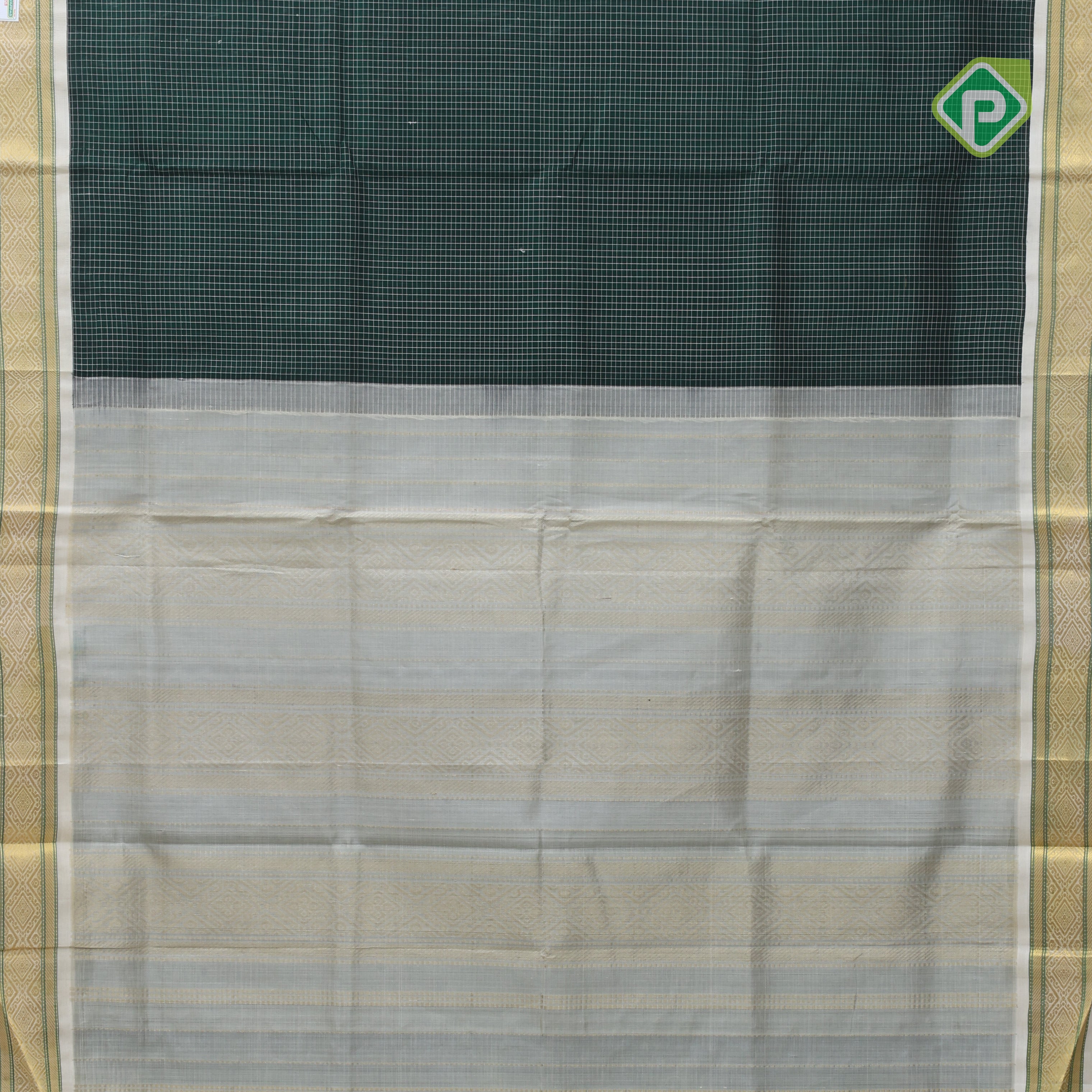 Deep green White micro checks grand pallu design cream white gold zari border silk cotton saree