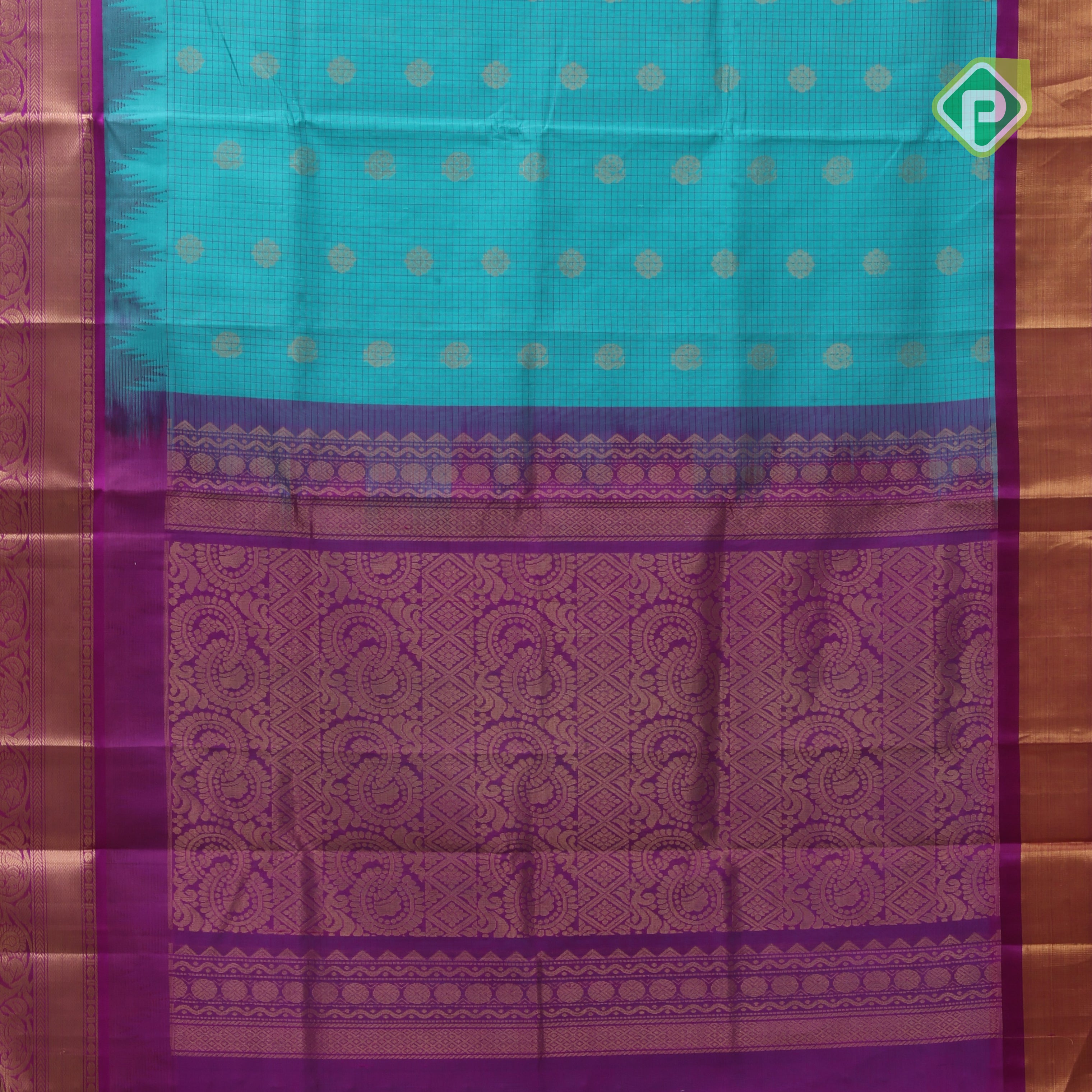 Sea green gold zari mayil rudraksham butta checked grand pallu design contrast border silk cotton saree