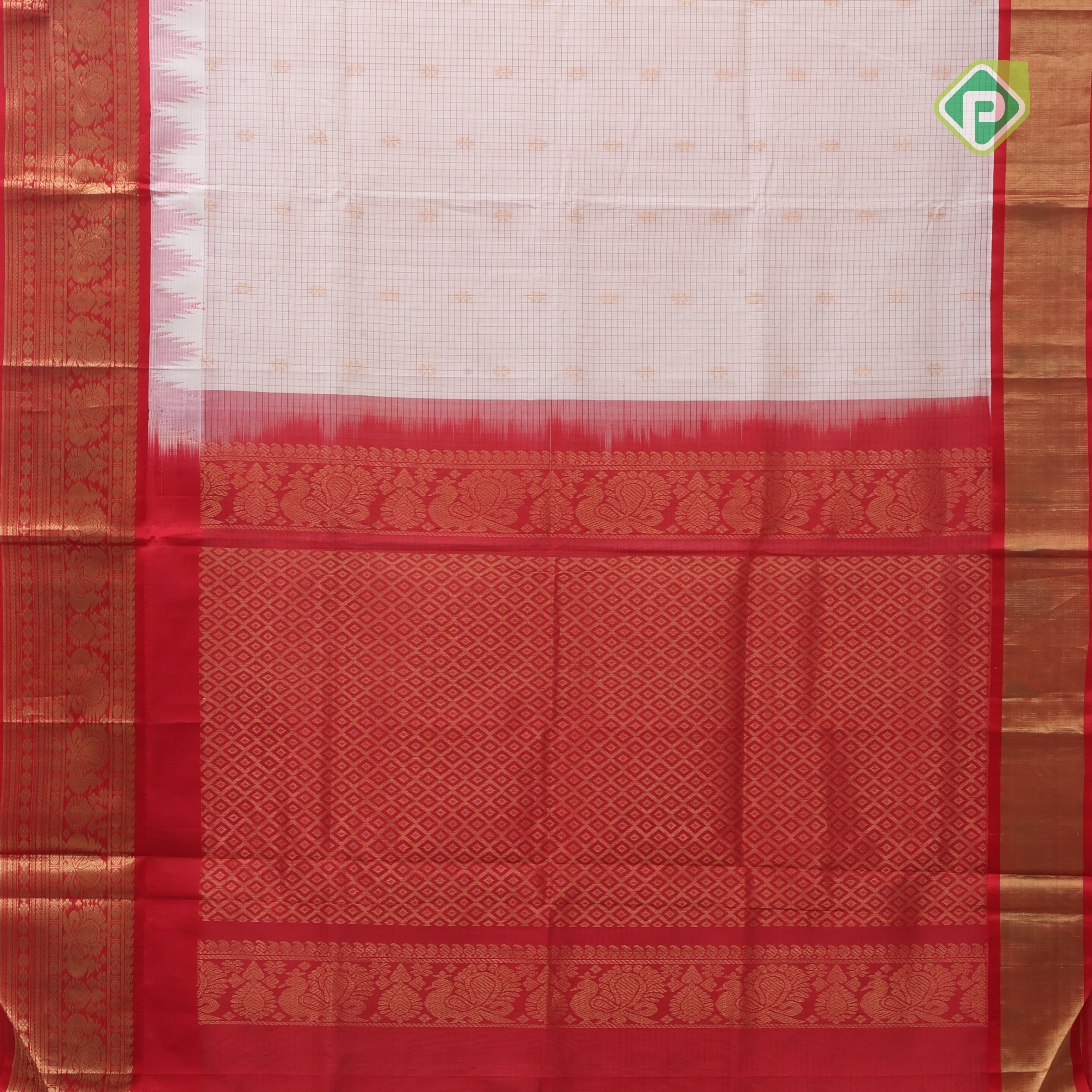 White red micro checks and kamalam butta grand pallu design red gold zari border silk cotton saree