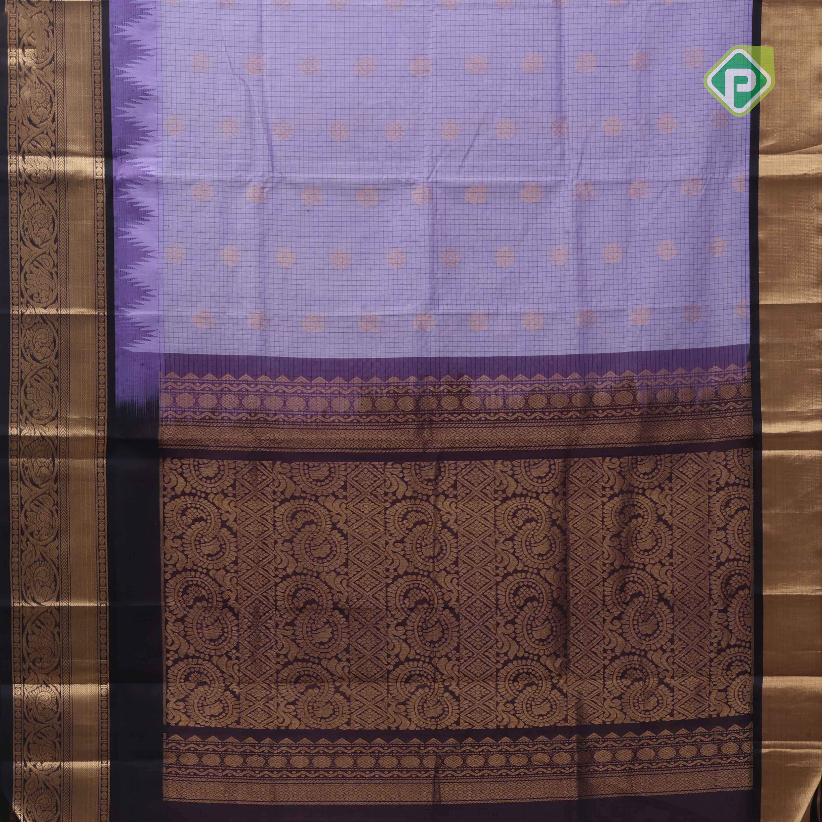 Lavender gold zari mayil rudraksham butta checked grand pallu design Dark brown border silk cotton saree