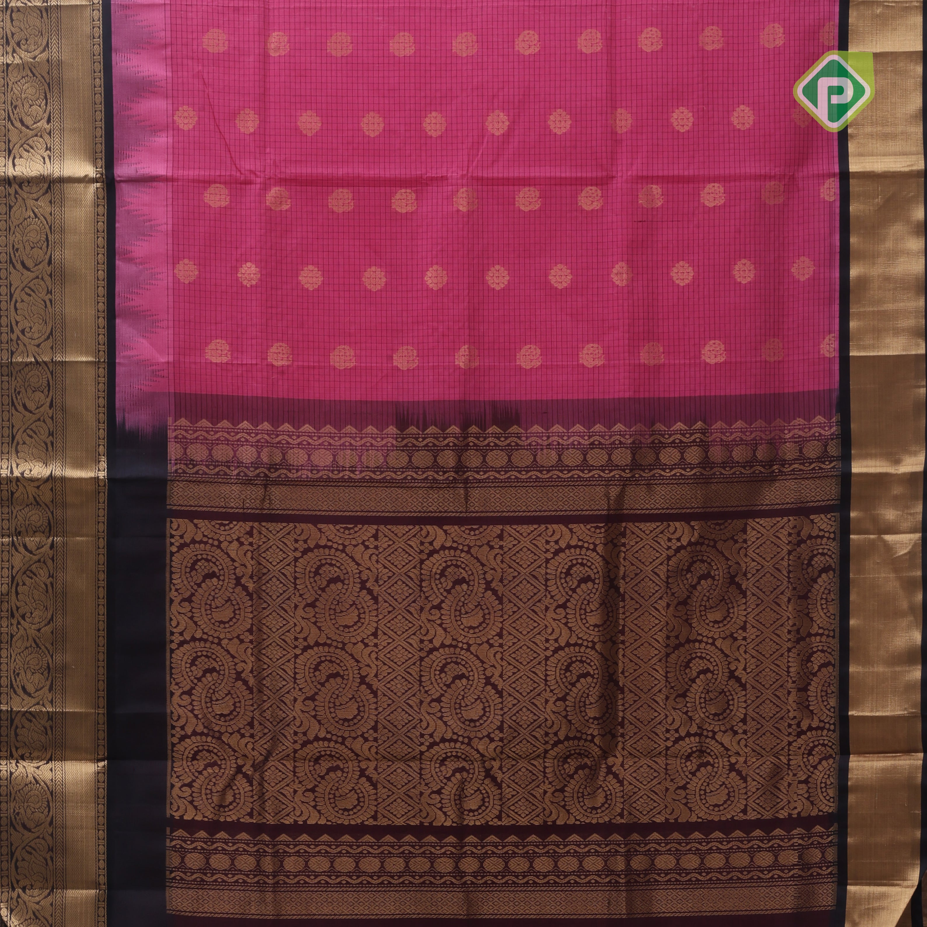 Pink gold zari mayil rudraksham butta checked grand pallu design Dark brown border silk cotton saree