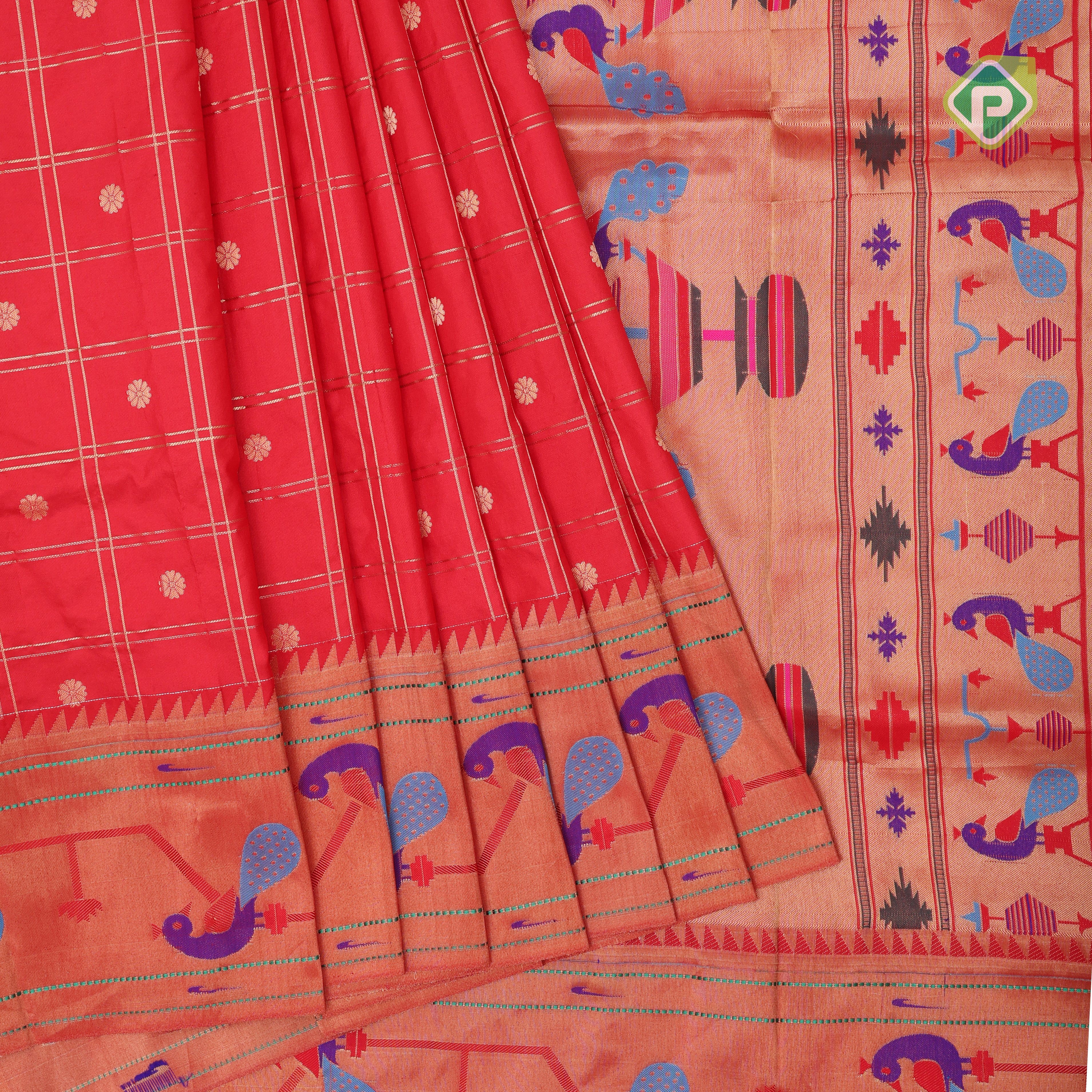 Rani red gold zari double check flower butta self gold zari pythonic border banaras style silk saree