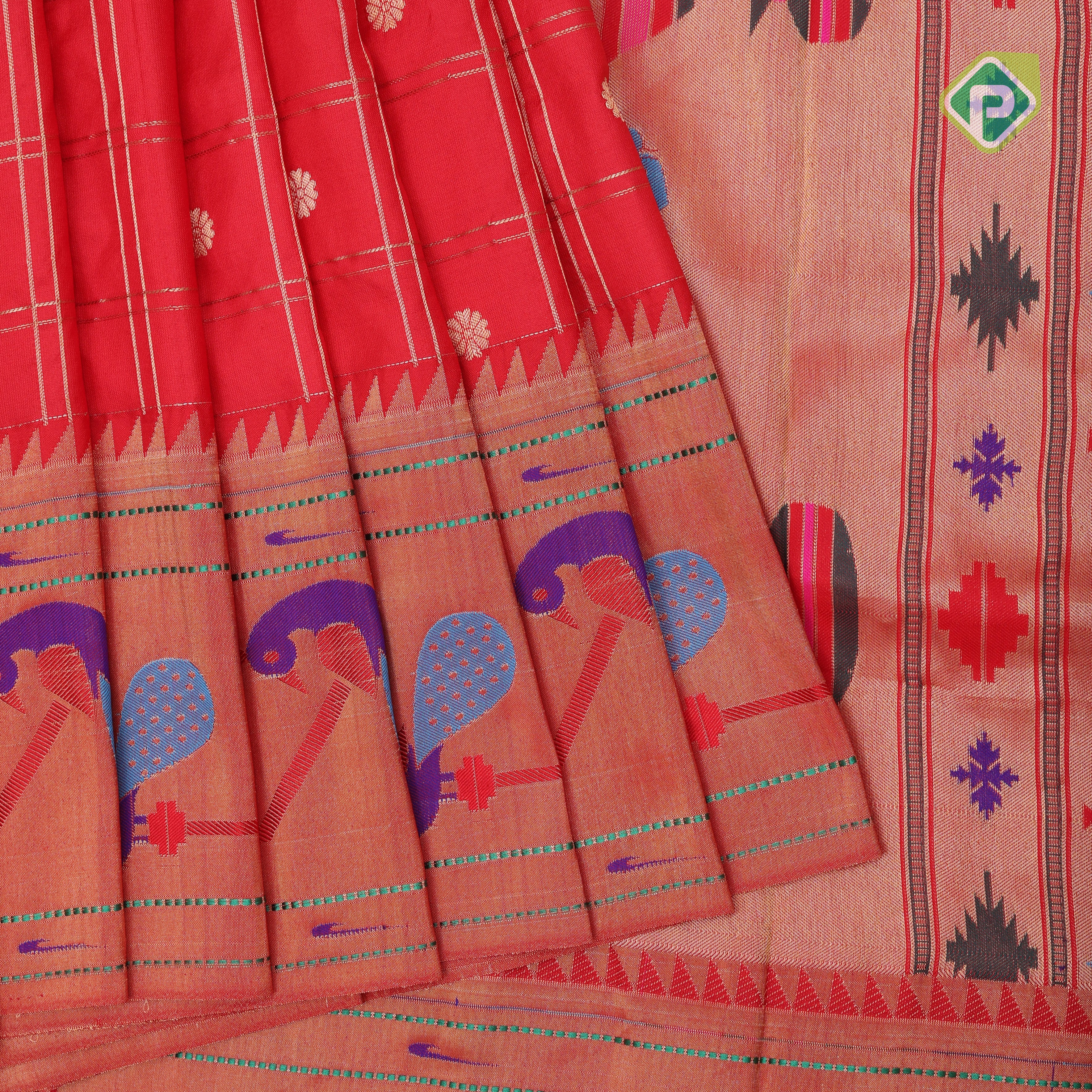 Rani red gold zari double check flower butta self gold zari pythonic border banaras style silk saree