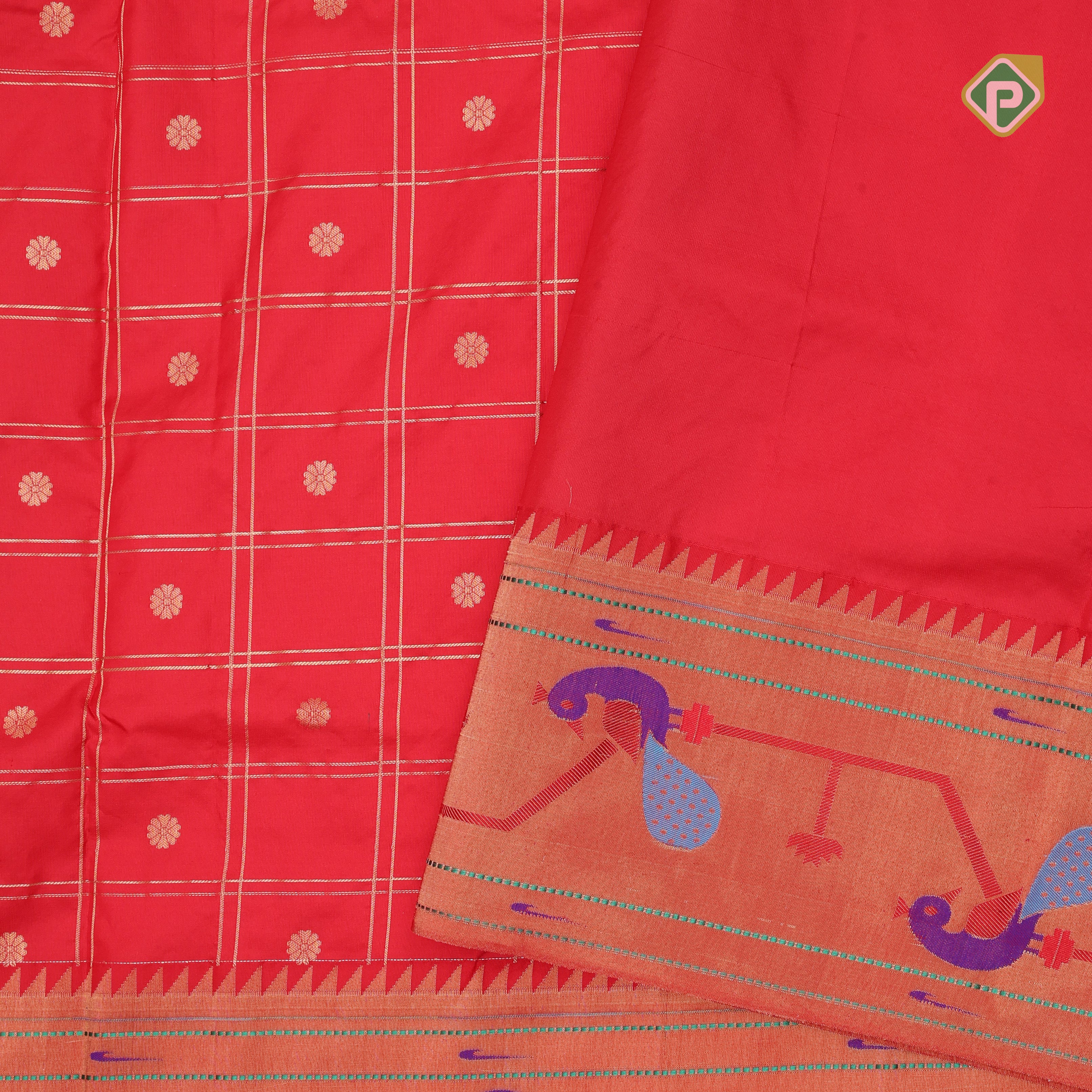 Rani red gold zari double check flower butta self gold zari pythonic border banaras style silk saree