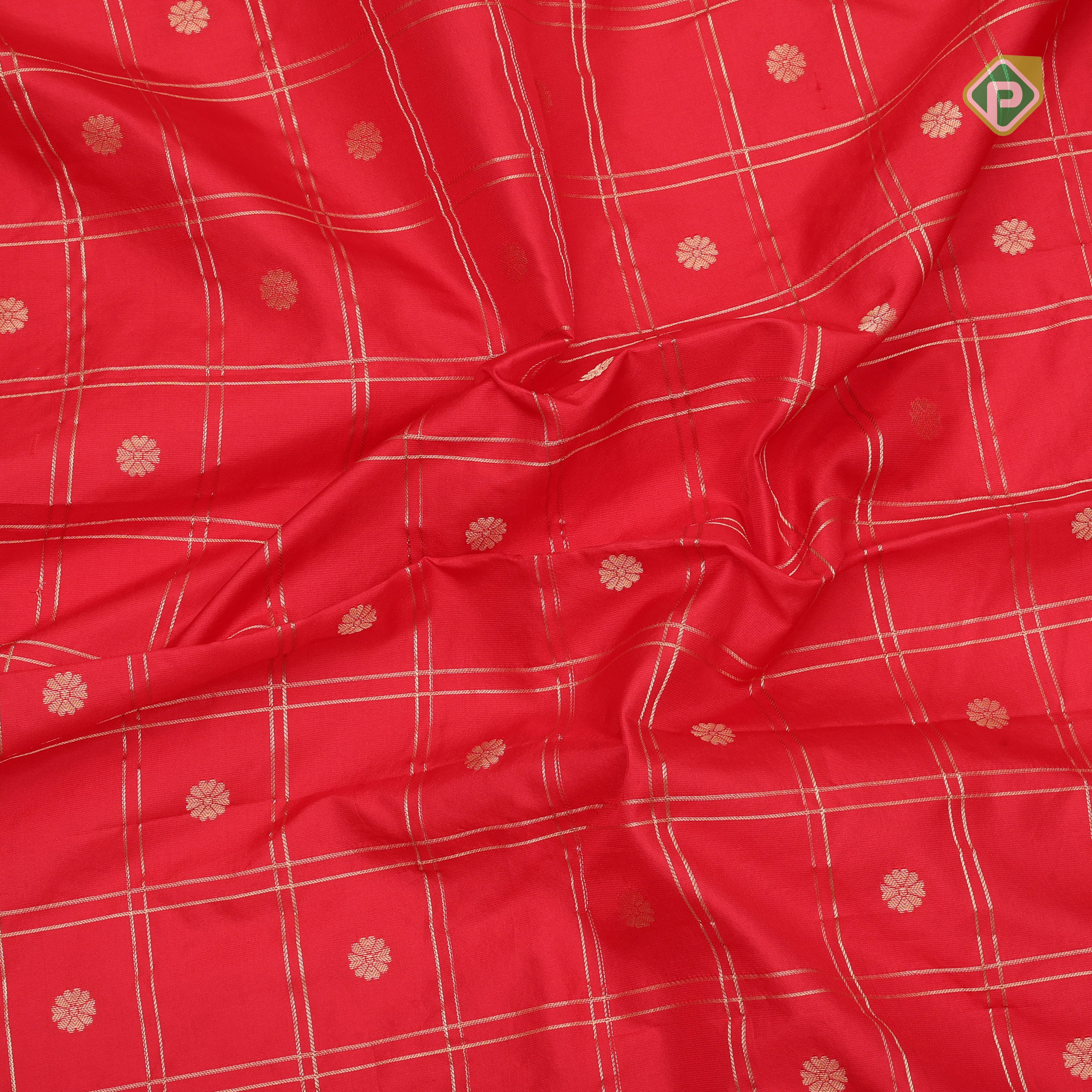 Rani red gold zari double check flower butta self gold zari pythonic border banaras style silk saree