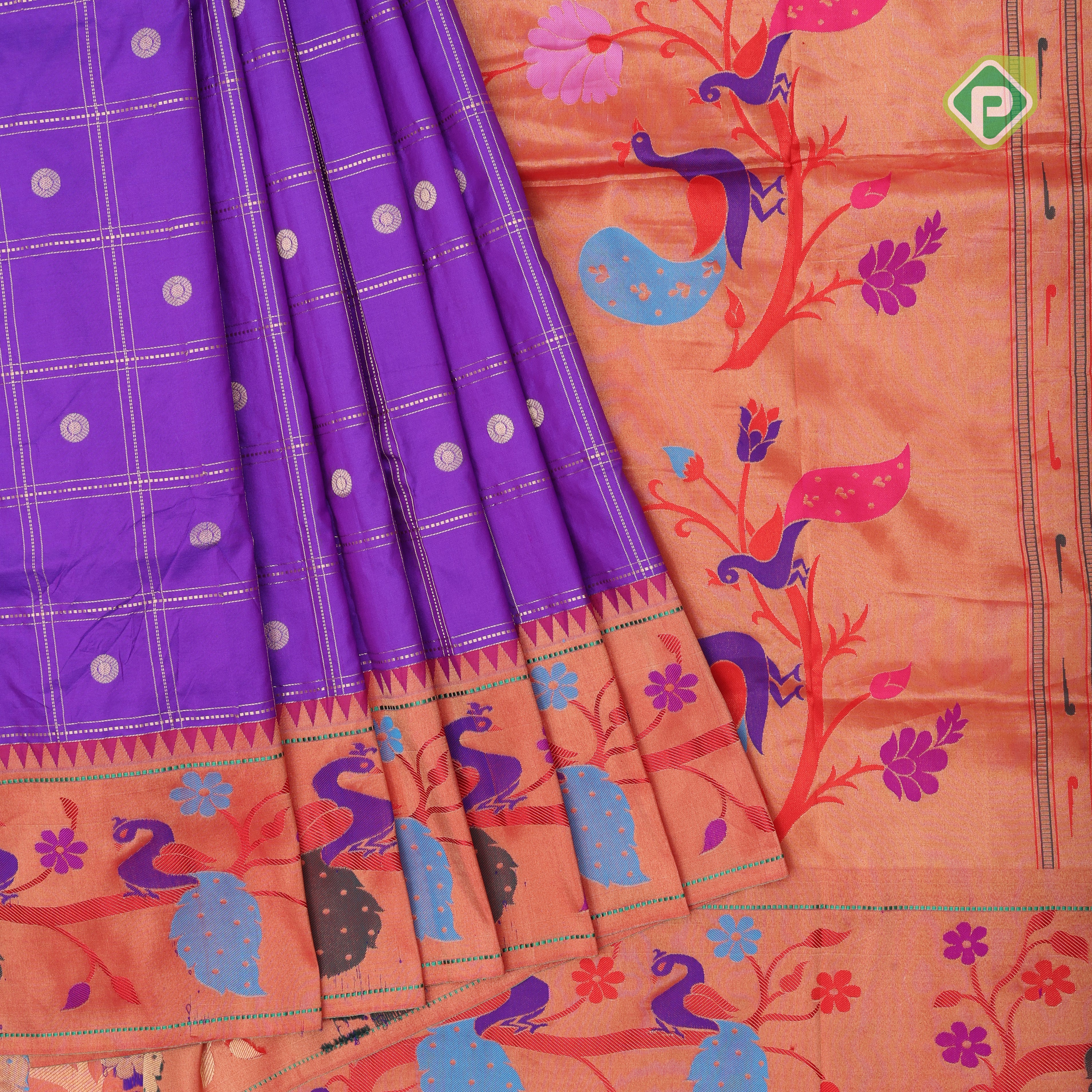 purple blue gold zari double check flower butta Red gold zari pythonic border banaras style silk saree