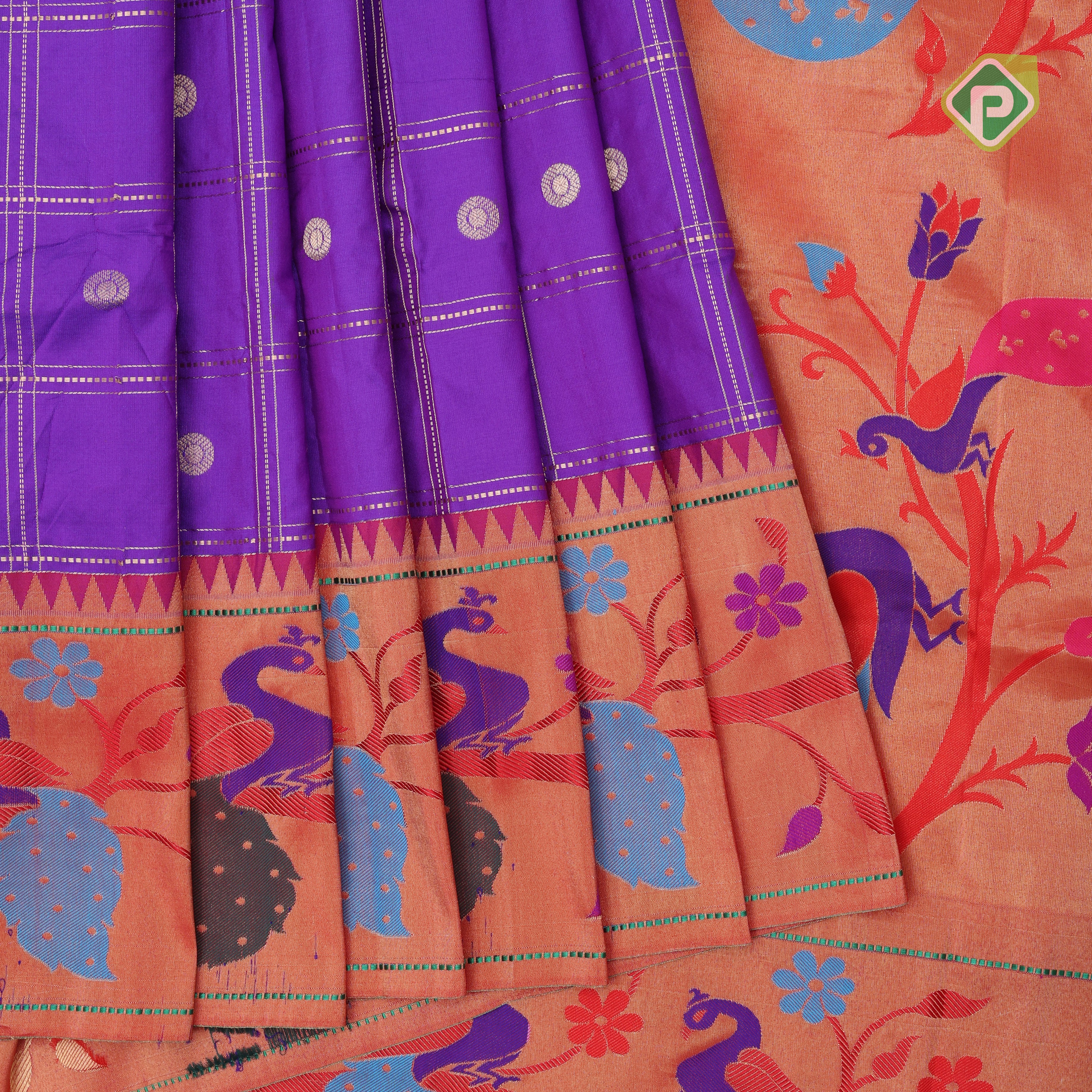purple blue gold zari double check flower butta Red gold zari pythonic border banaras style silk saree