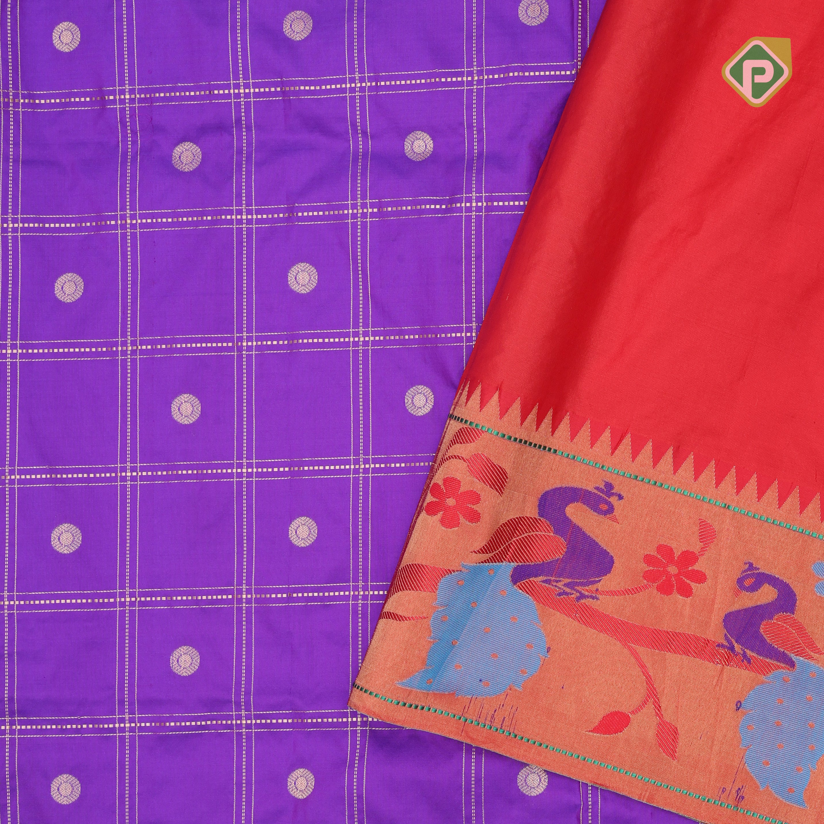 purple blue gold zari double check flower butta Red gold zari pythonic border banaras style silk saree