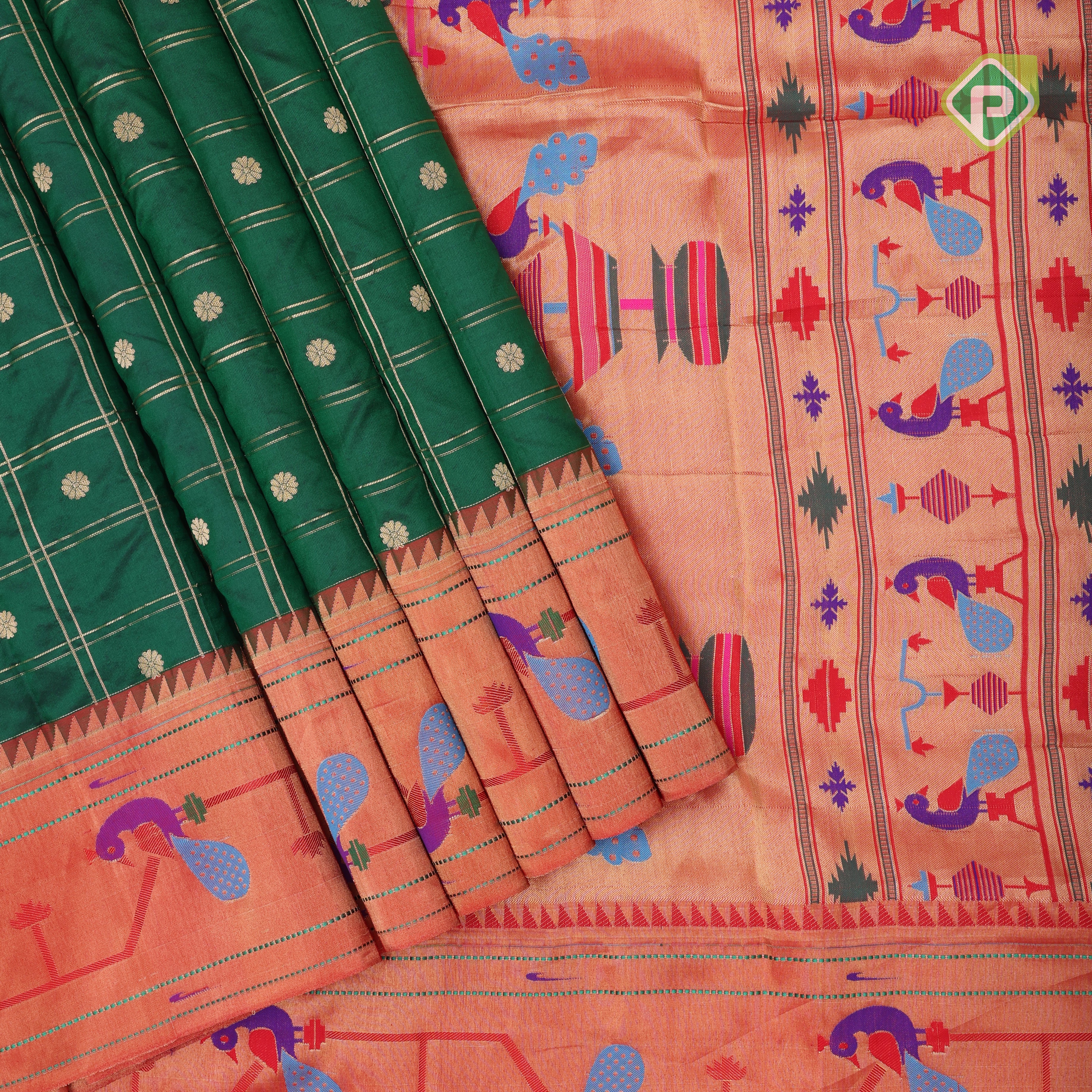 bottle green gold zari double check flower butta self gold zari pythonic border banaras style silk saree