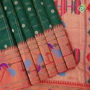 bottle green gold zari double check flower butta self gold zari pythonic border banaras style silk saree